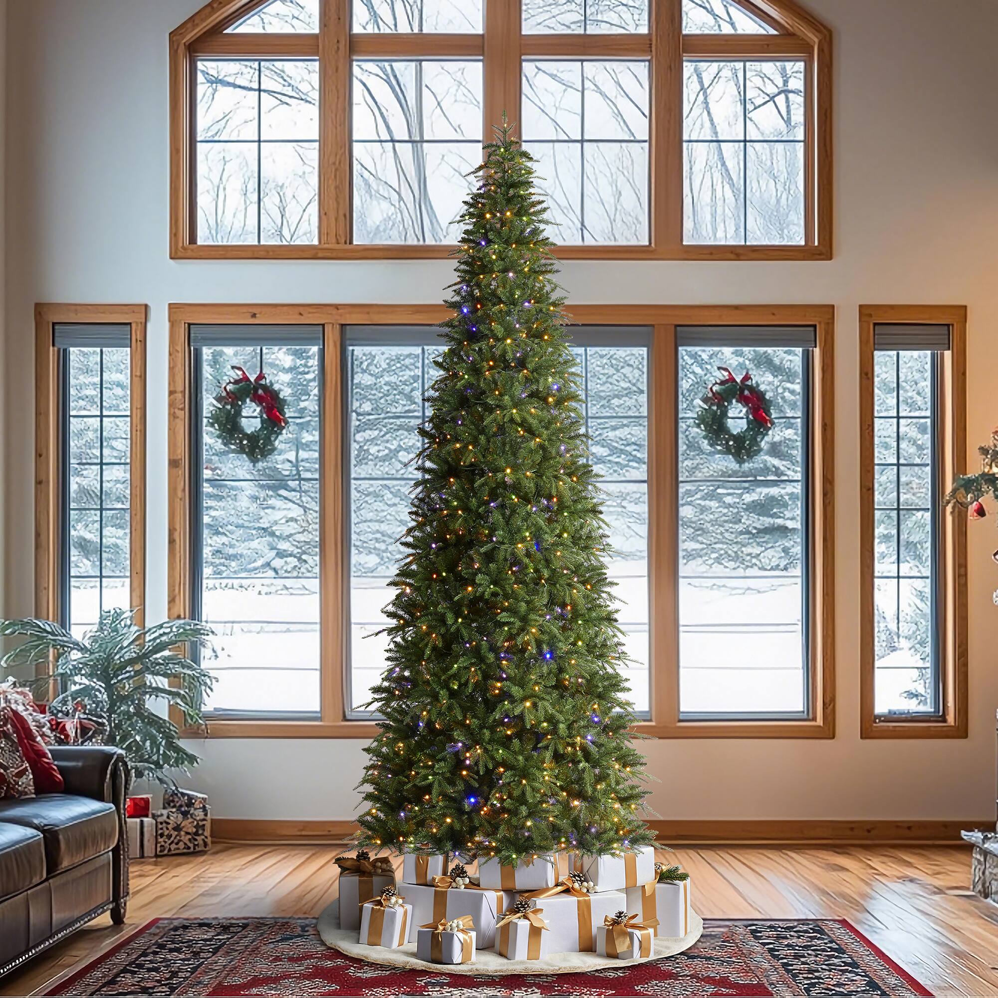 Glitzhome&#xAE; 11ft Pre-Lit Green Slim Fir Artificial Christmas Tree, Multicolor LED Lights