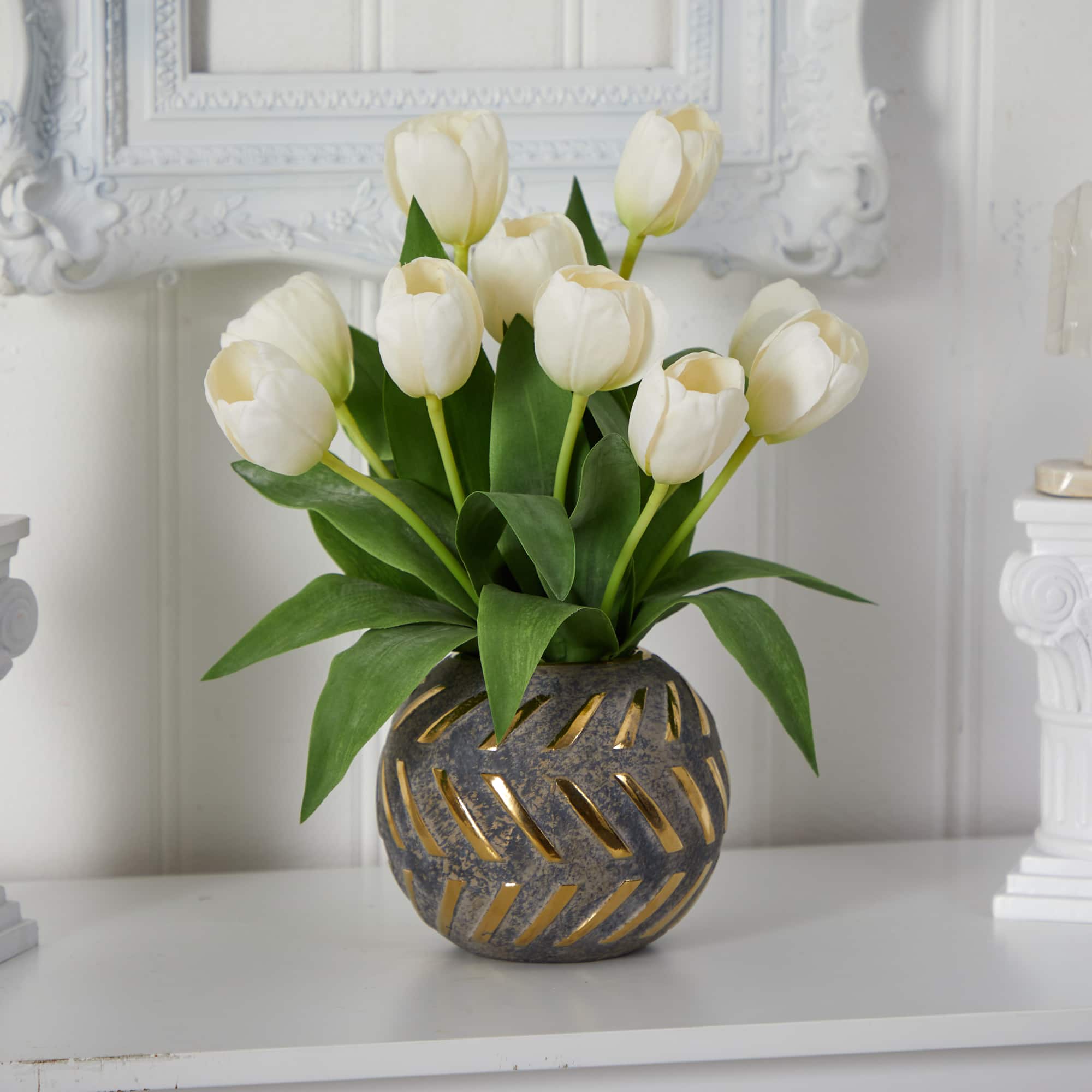 15&#x22; White Tulip Arrangement in Decorative Ceramic Vase
