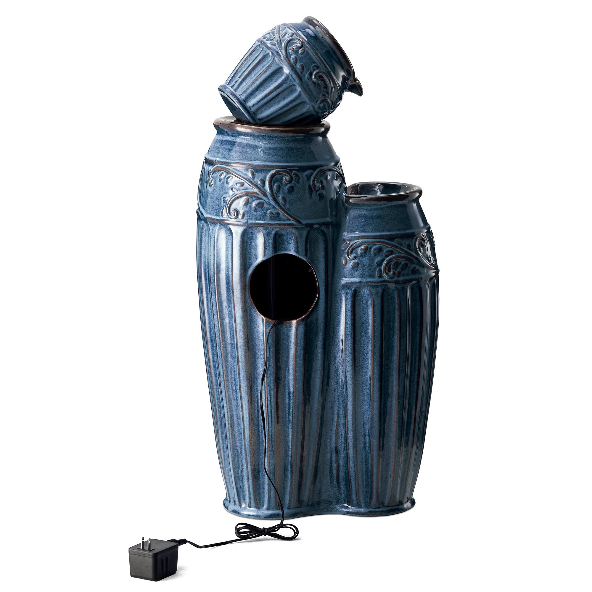 Glitzhome® 35.5" 4-Tier LED Turquoise Embossed Ceramic Pots Outdoor Floor Fountain