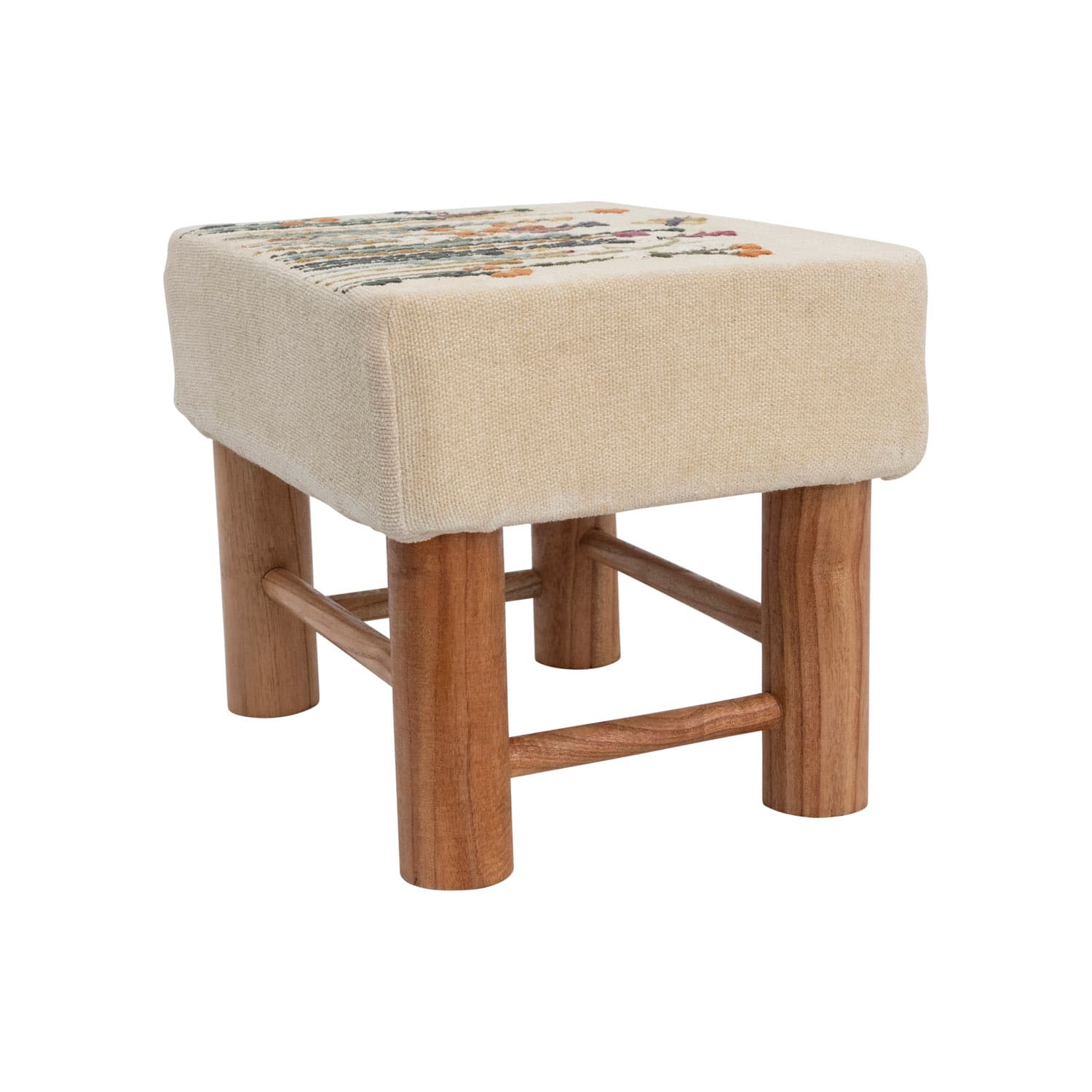 16&#x22; Floral Embroidered Cotton Upholstered Stool