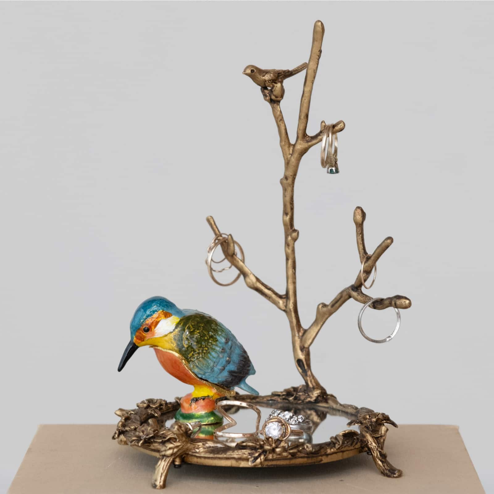Hello Honey&#xAE; 8.25&#x22; Gold Antique Pewter Jewelry Holder with Bird Detail
