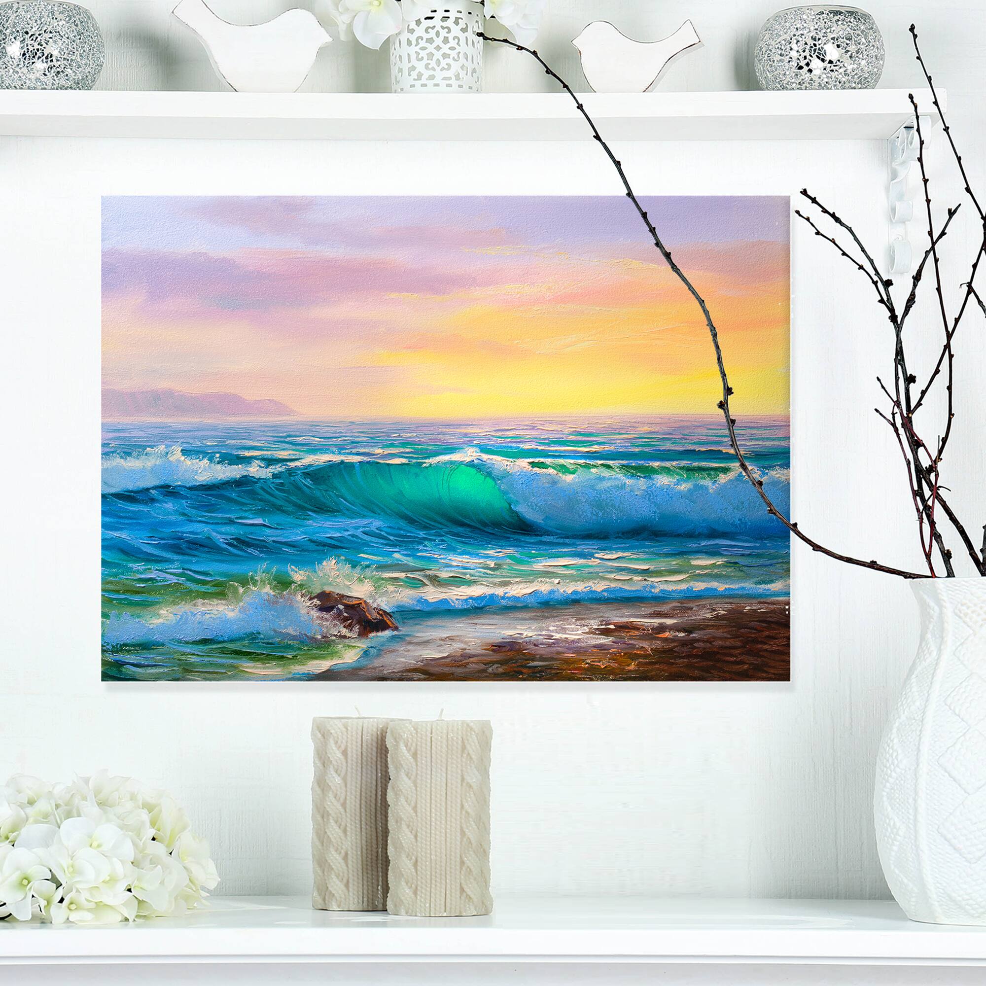 Designart - Sunsets over ocean waves - Sea &#x26; Shore Painting Print on Wrapped Canvas