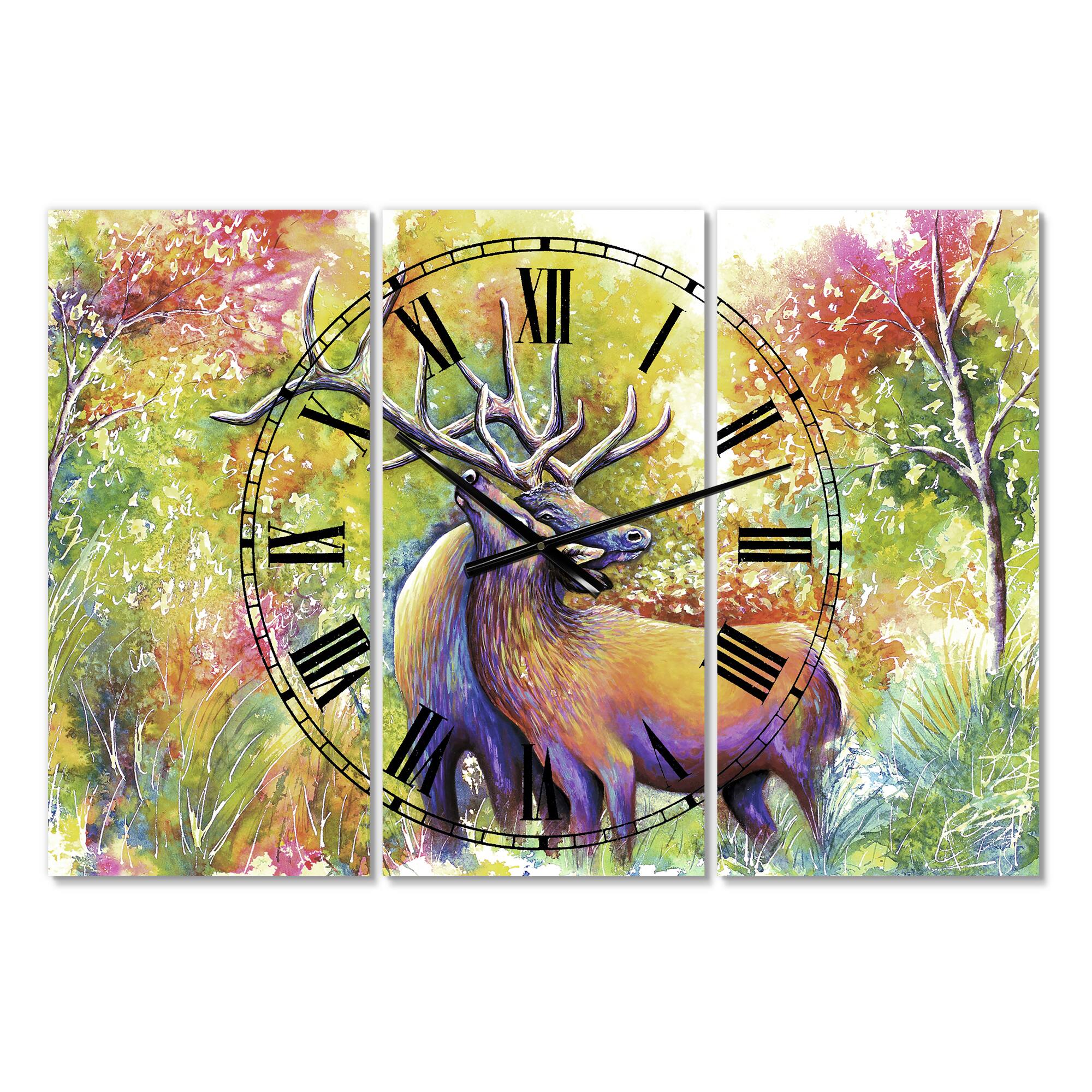 Designart Hugging Elk Love Cottage 3 Panel Oversized Wall Clock
