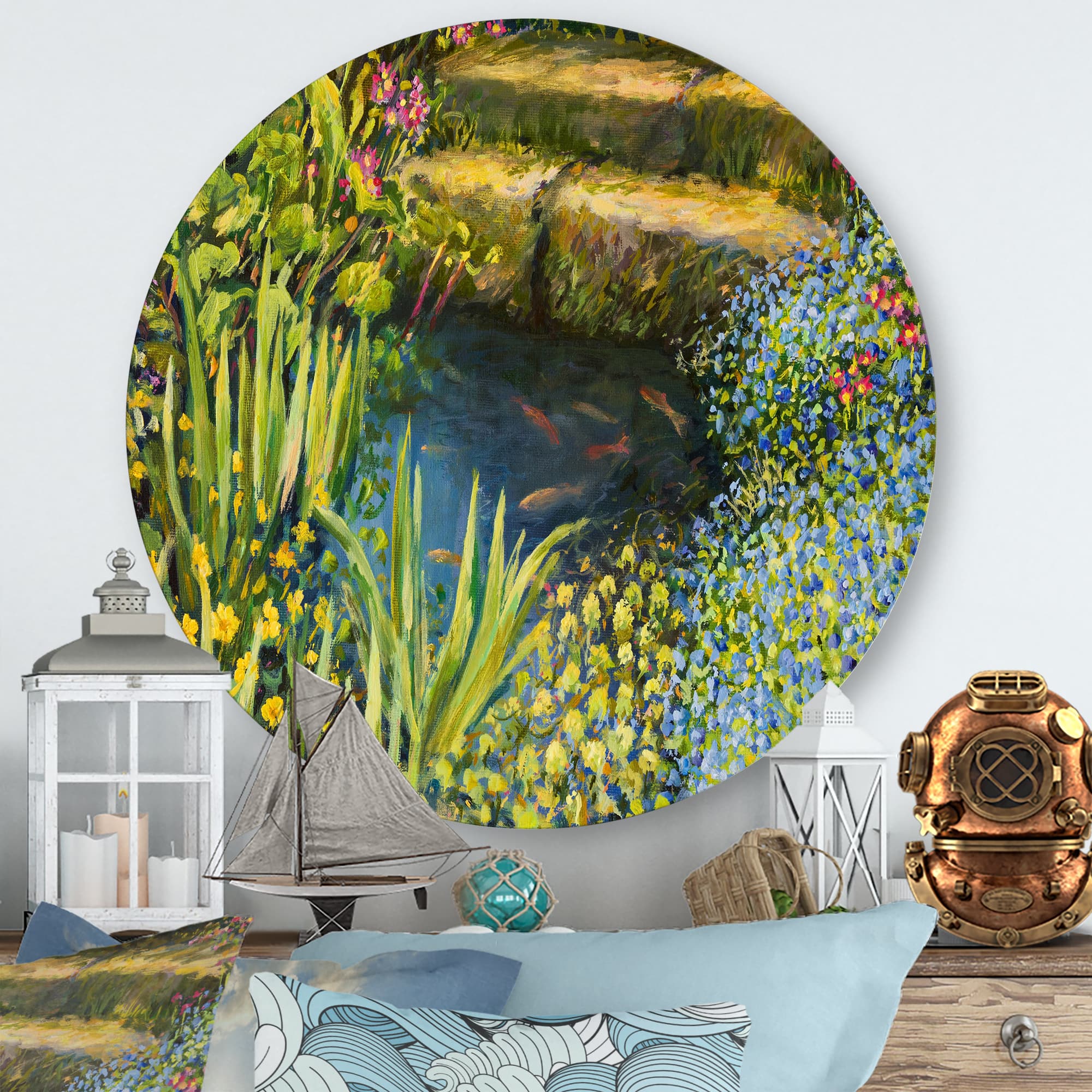 Designart - Colorful Silence At The Lake Side - Lake House Metal Circle Wall Art
