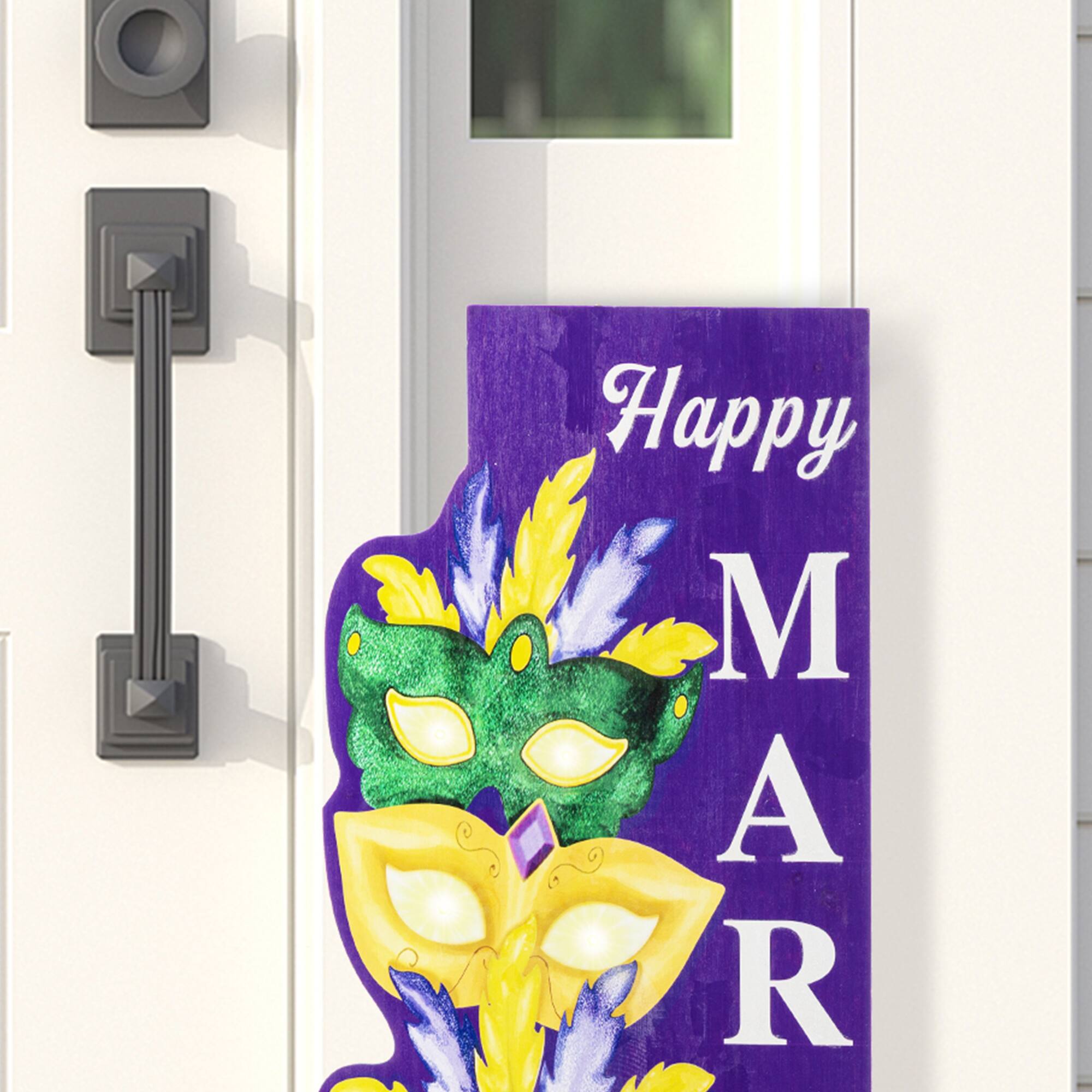 Glitzhome® 41.75" Mardi Gras Wooden Lighted Stacked Masks Porch Decor with Timer
