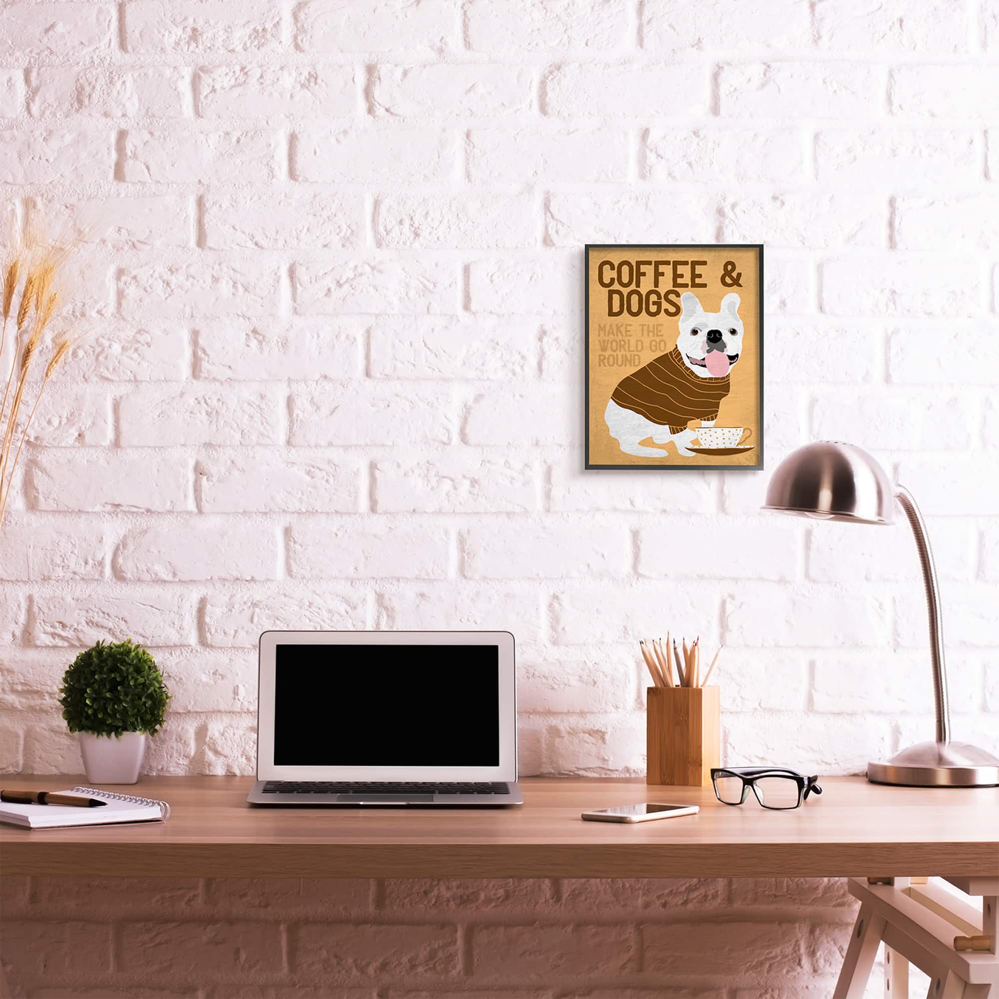 Stupell Industries Coffee and Dogs Phrase French Bulldog Café Pet in Black Frame Wall Art