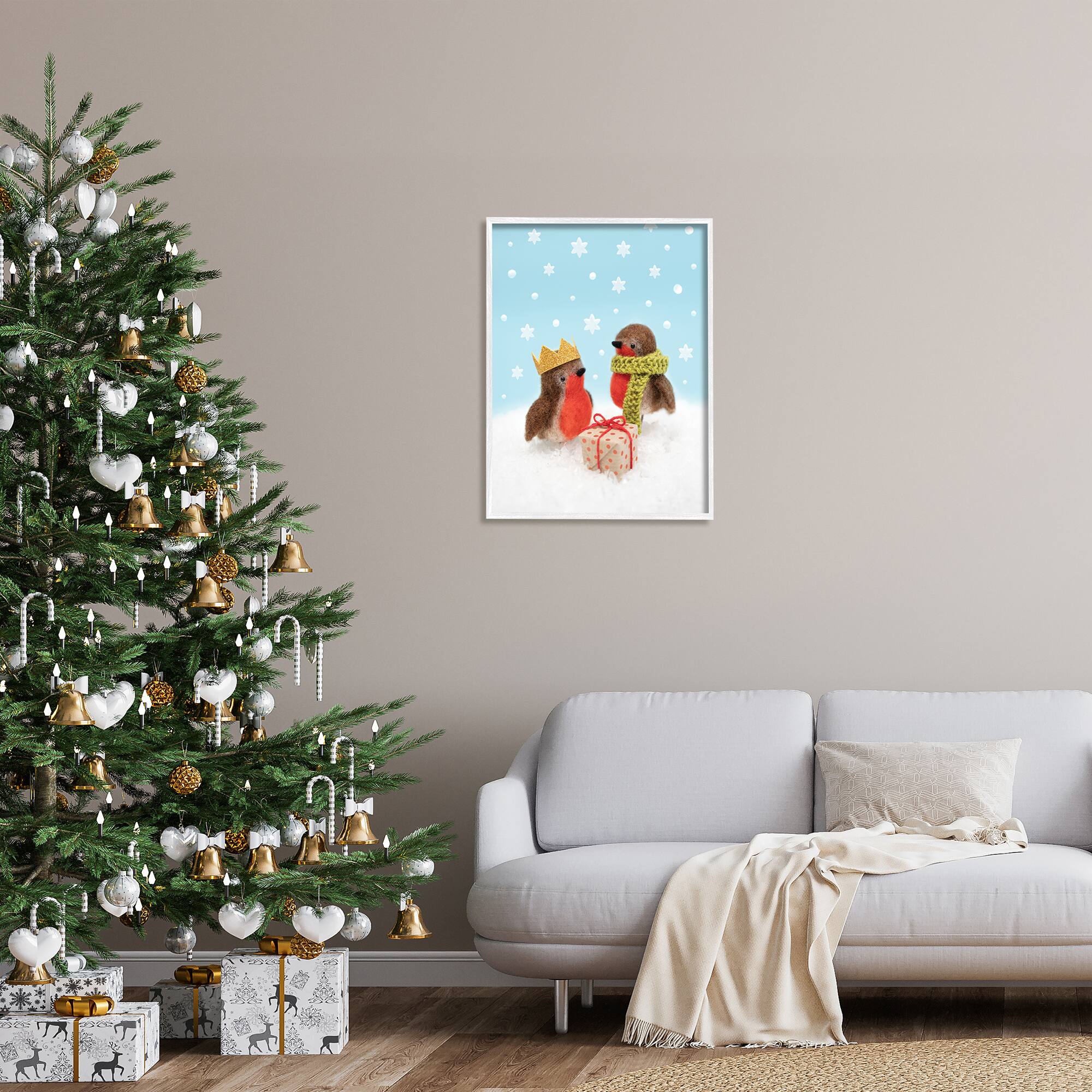 Stupell Industries Birds Gift Giving Christmas Snow Framed Giclee Art