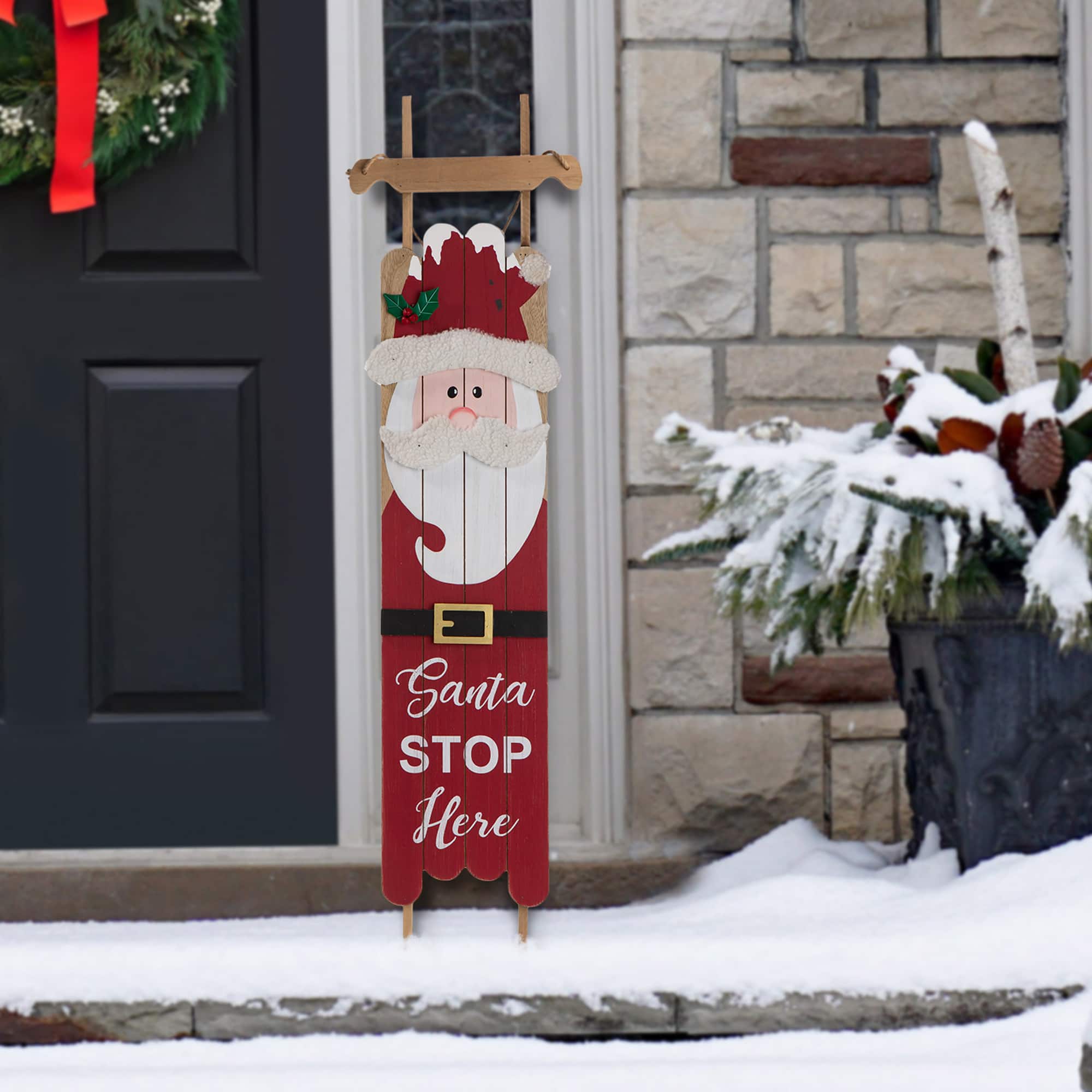 NEW NIB Glitzhome Handcrafted Christmas Wooden Sign Santa Ski Sled Snow Decor 