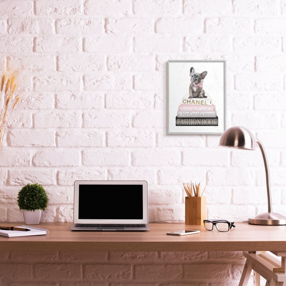 Stupell Industries Dashing French Bulldog and Iconic Fashion Bookstack Framed Wall Art 