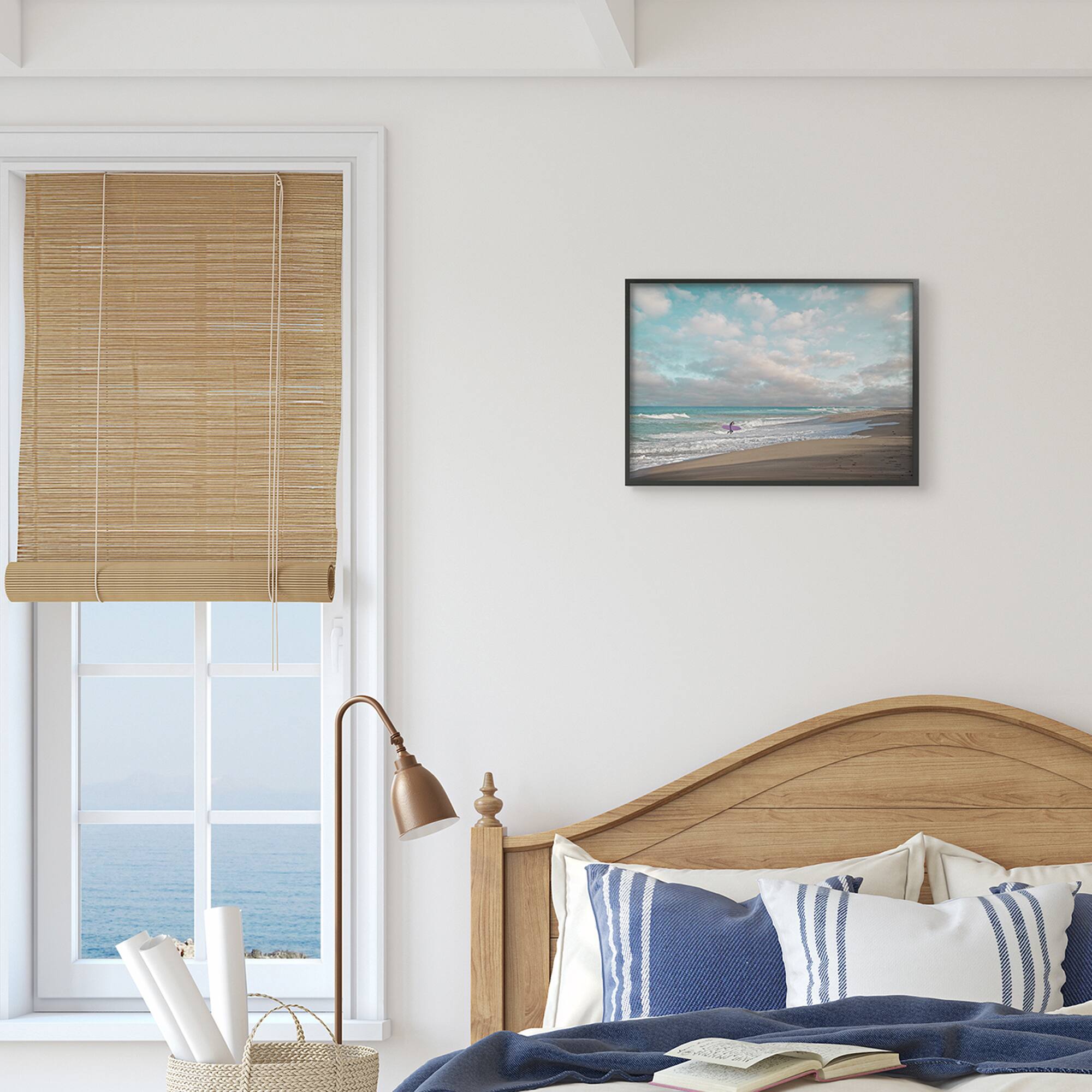 Stupell Industries Crashing Waves on Beach Surfer Purple Board in Black Frame Wall Art