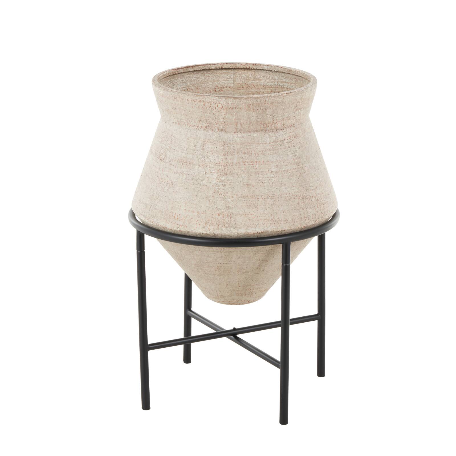 24.5&#x22; Beige Metal Wide Vase with Black Metal Stand