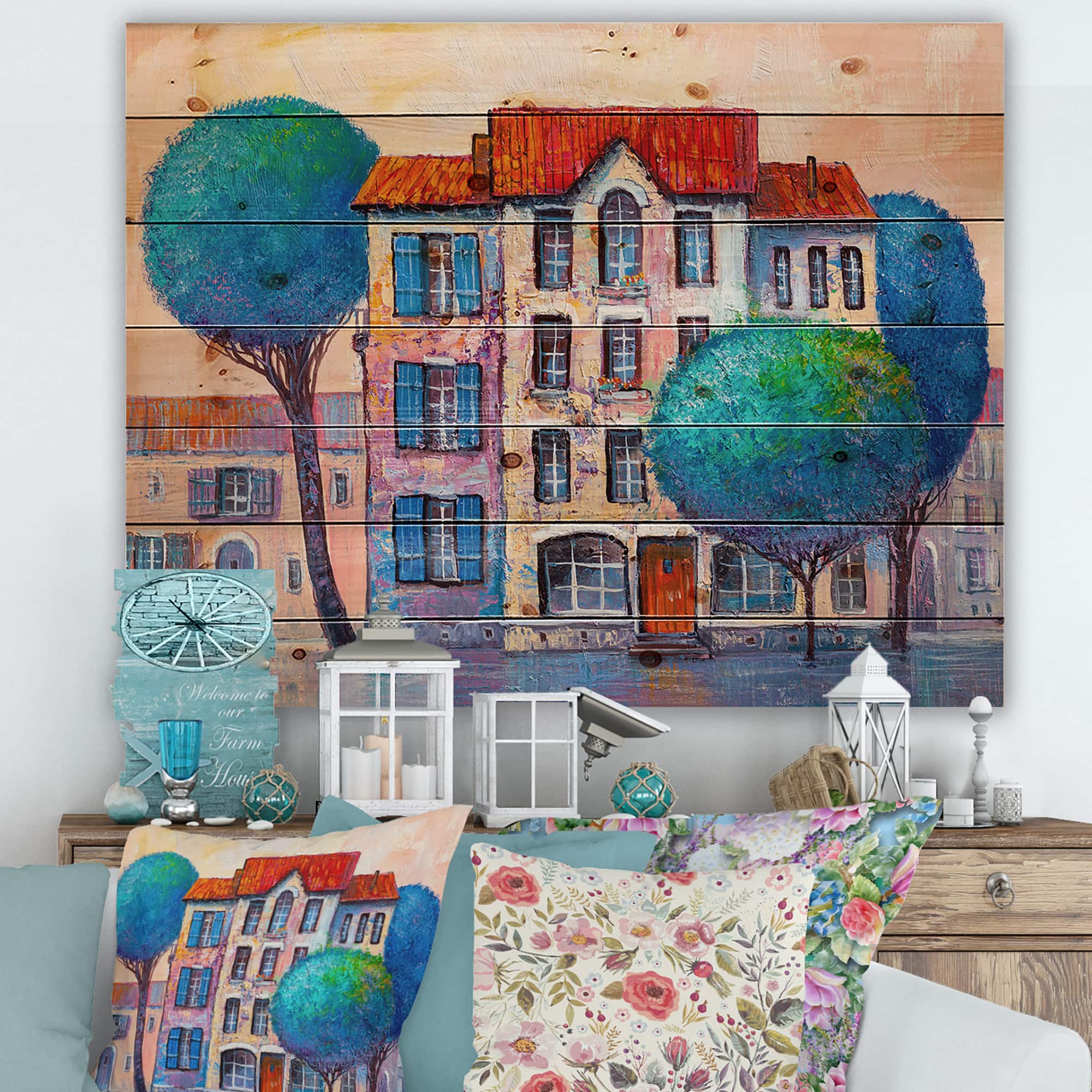 Designart - House With Red Roof and Colorful Autumn Trees - Modern Print on Natural Pine Wood