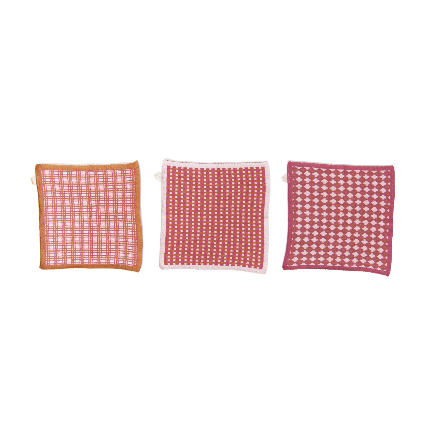 Hello Honey&#xAE; Pink, Peach &#x26; Cream, Mixed Square Print Cotton Knit Dish Towel Set
