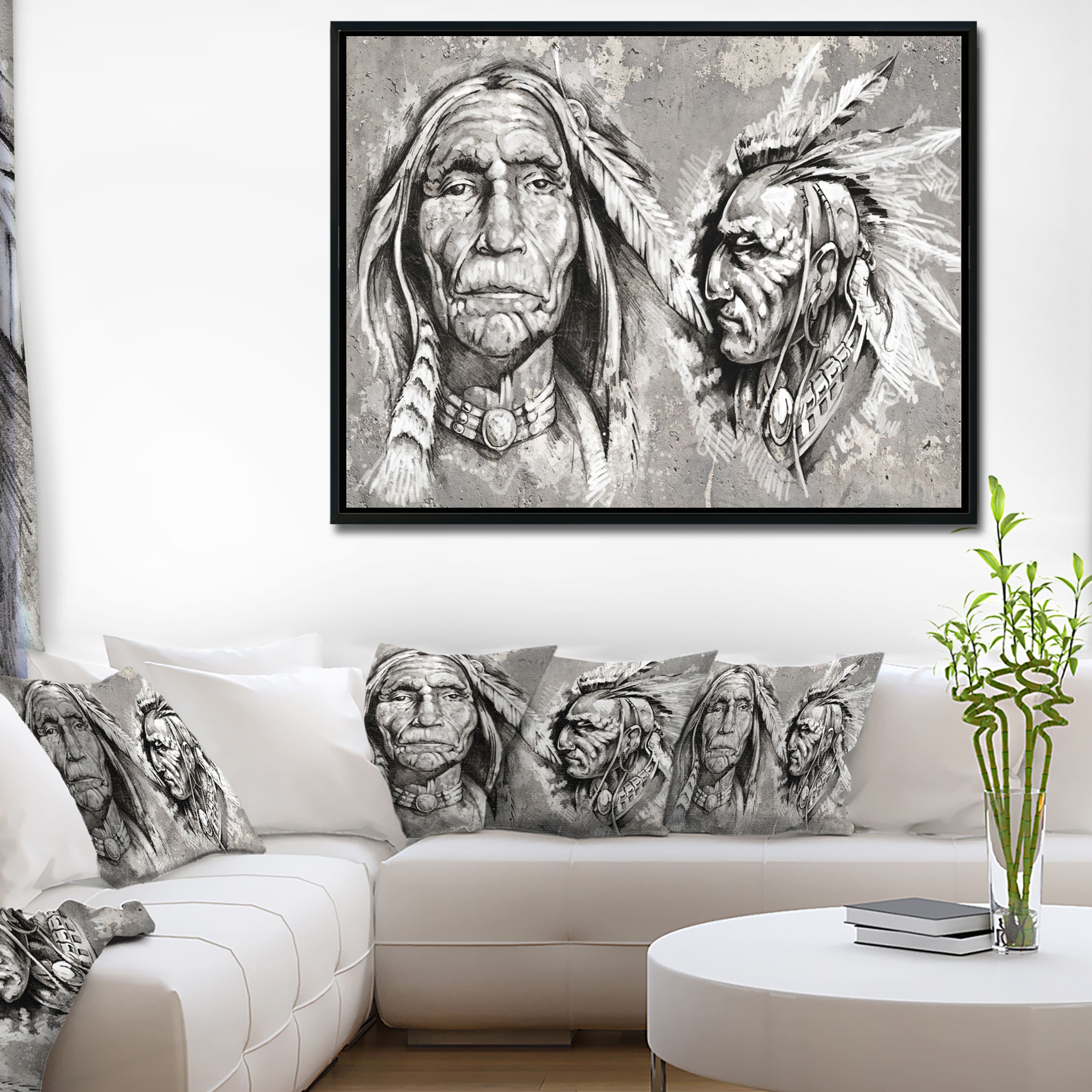 Designart - Native American Indian Heads - Abstract Portrait Canvas Print in Black Frame