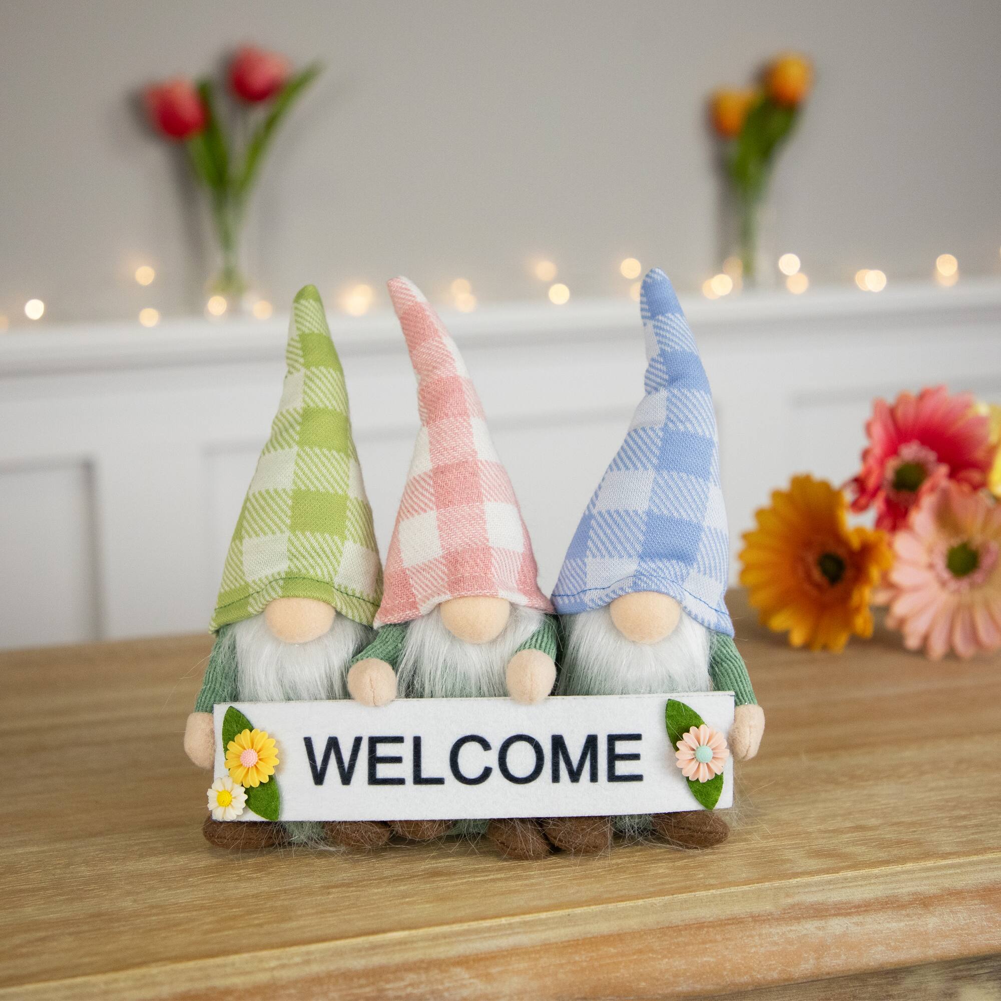 7" Pastel Pink & Green Gnome Trio with Welcome Banner Spring Table Décor