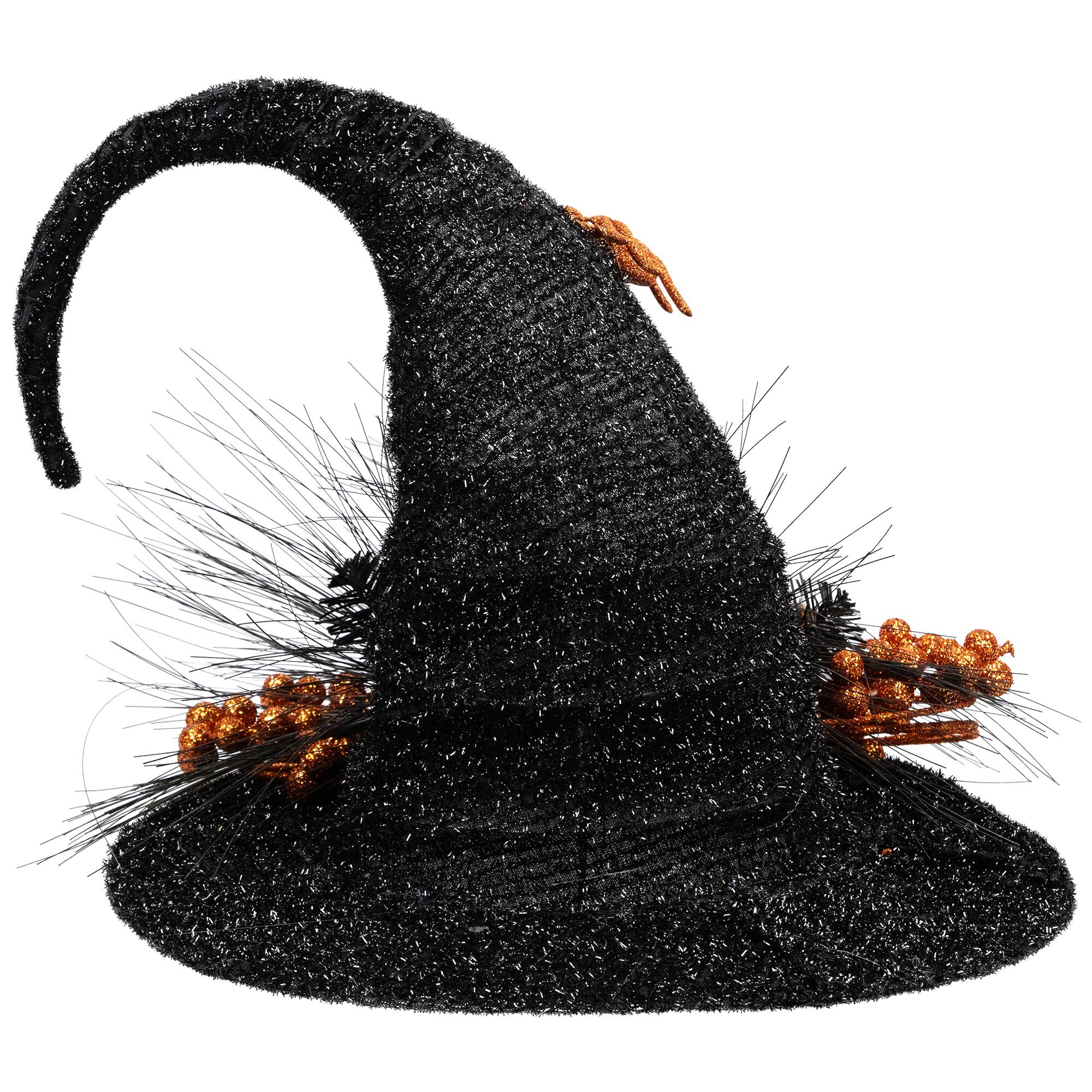 16" Black Tinsel Witch's Hat with Orange Glittered Roses Halloween Decoration
