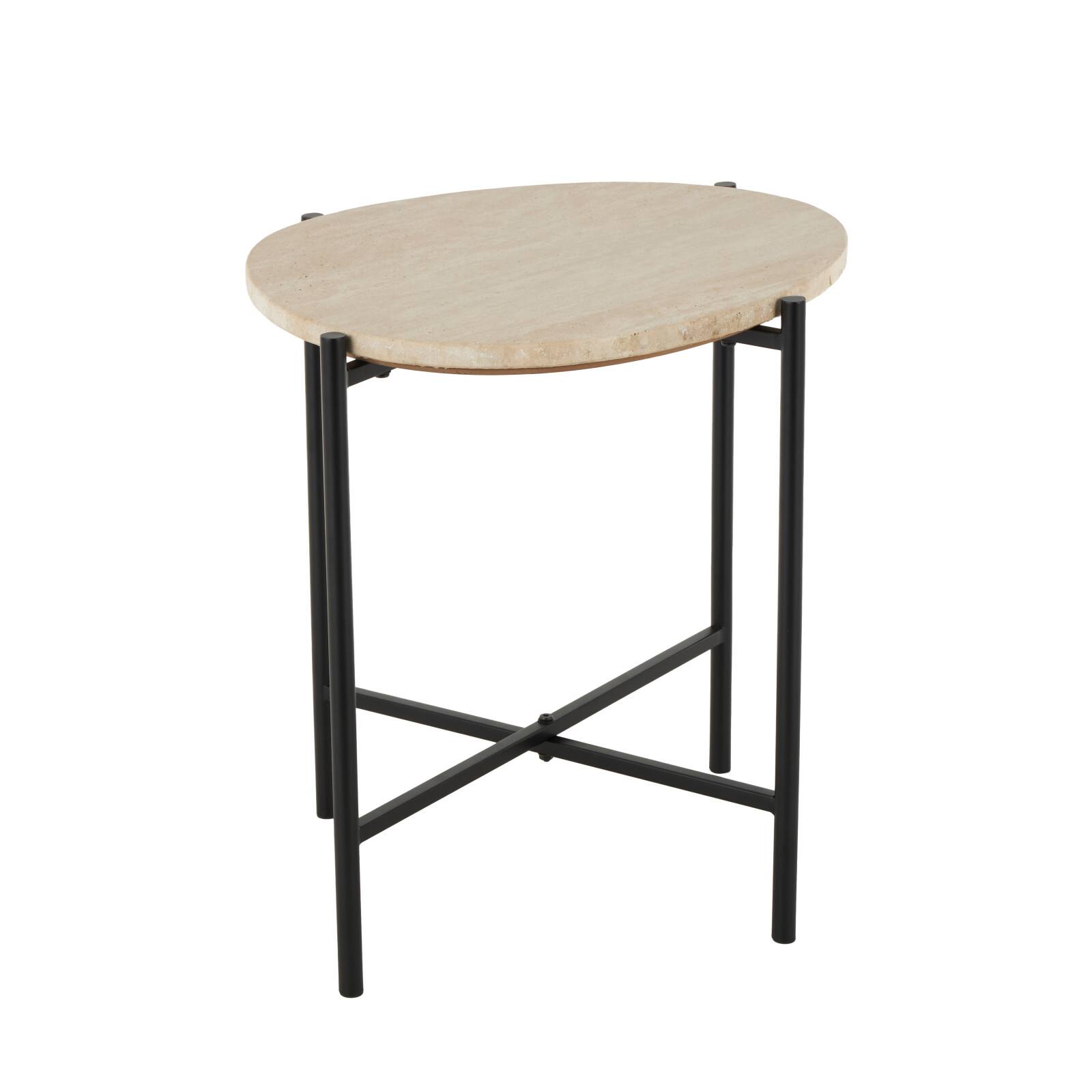 19.75" Beige Marble Accent Table with Black Metal Support