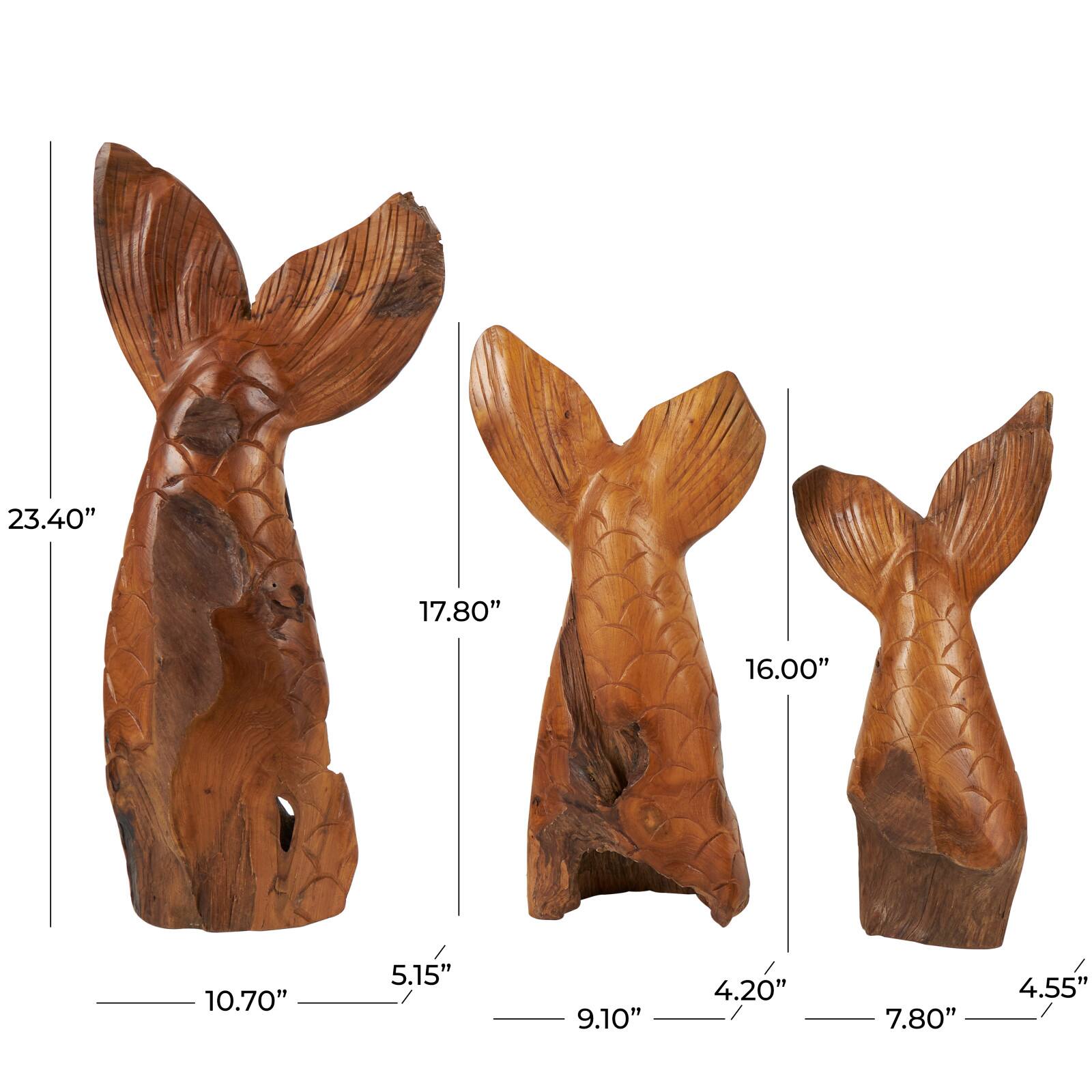 Brown Teak Wood Whale Handmade Tail Live Edge Sculpture with Intricate Carvings Set