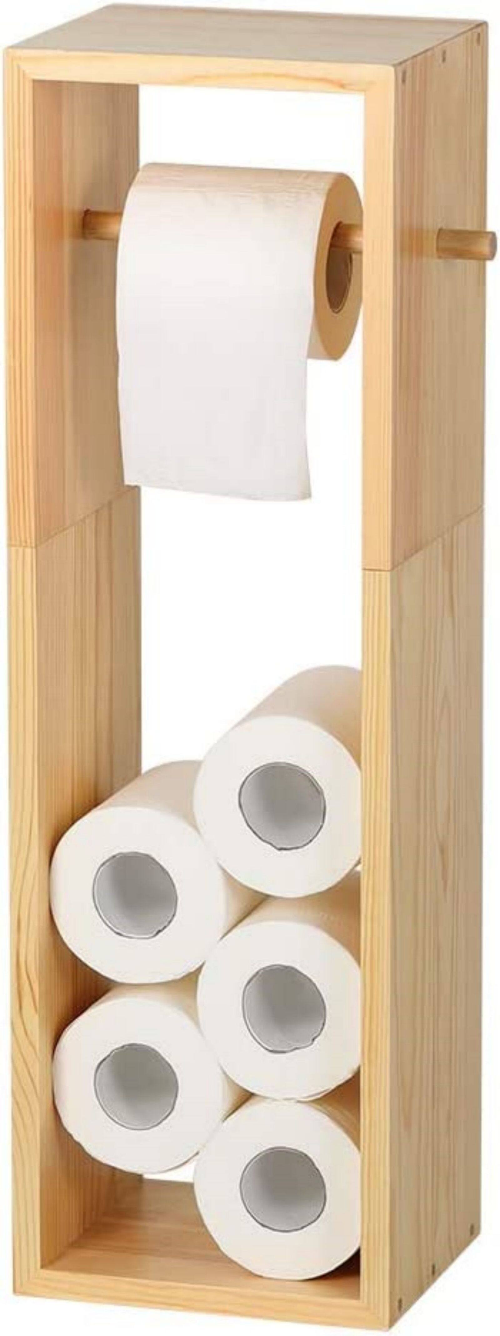 Natural Brown Wood Toilet Paper Holder with 6 Rolls Storage