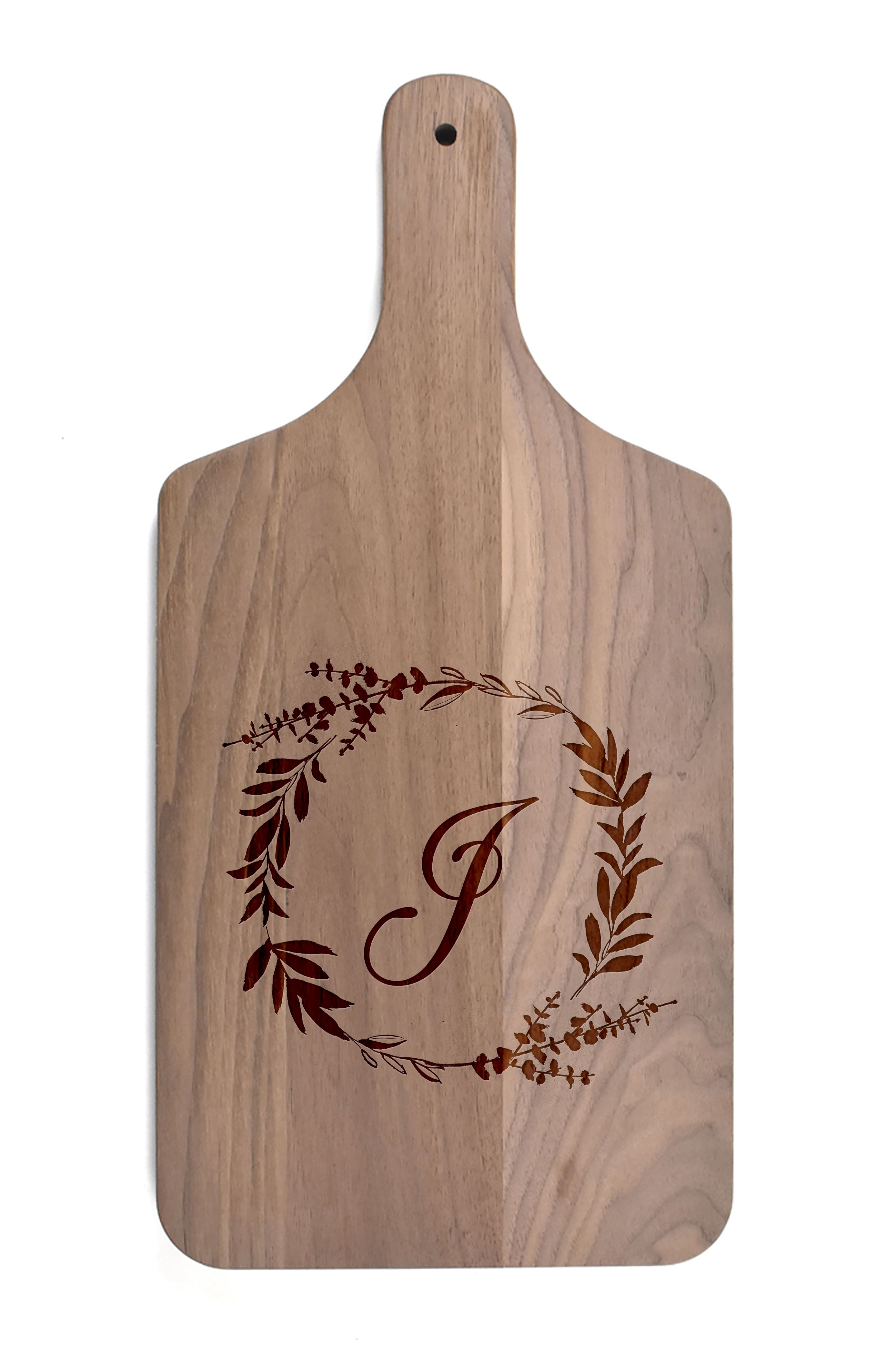Floral Wreath Monogram Walnut Paddle Cutting Board