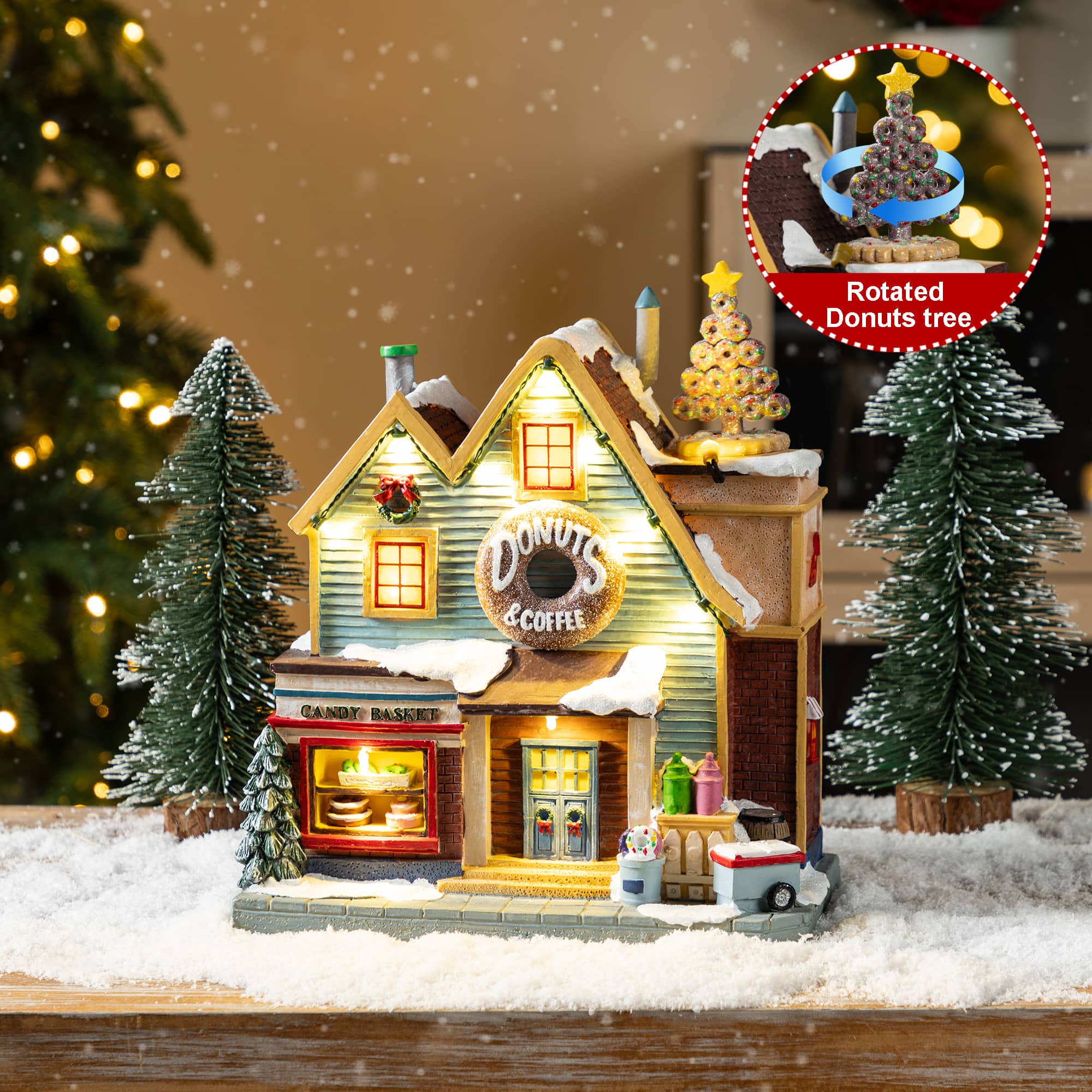 Glitzhome&#xAE; 10.25&#x22; Lighted Christmas Donuts &#x26; Coffee Shop Resin Village with Movement and Music