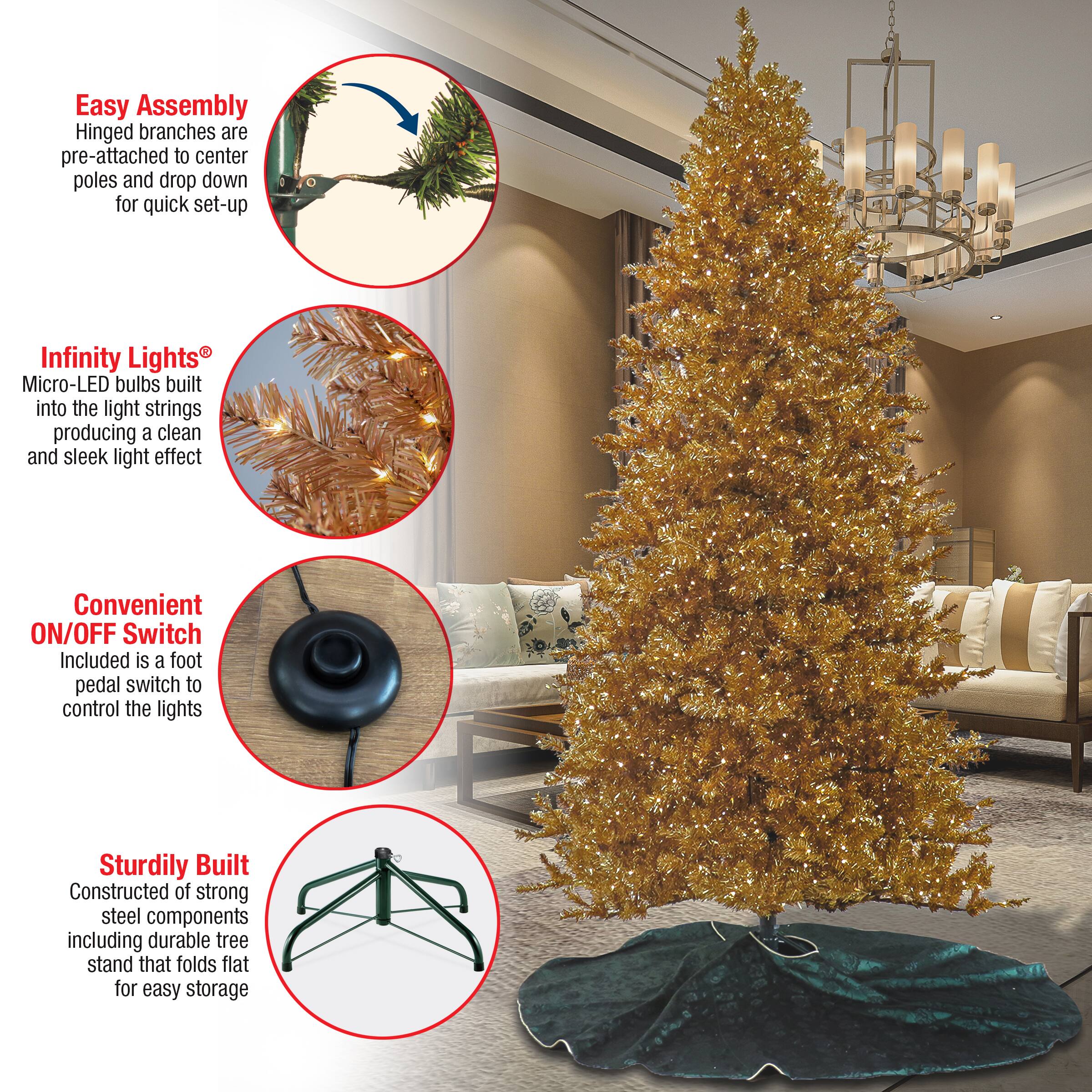 9ft. Pre-Lit True Gold Metallic Artificial Christmas Tree, White LED Lights