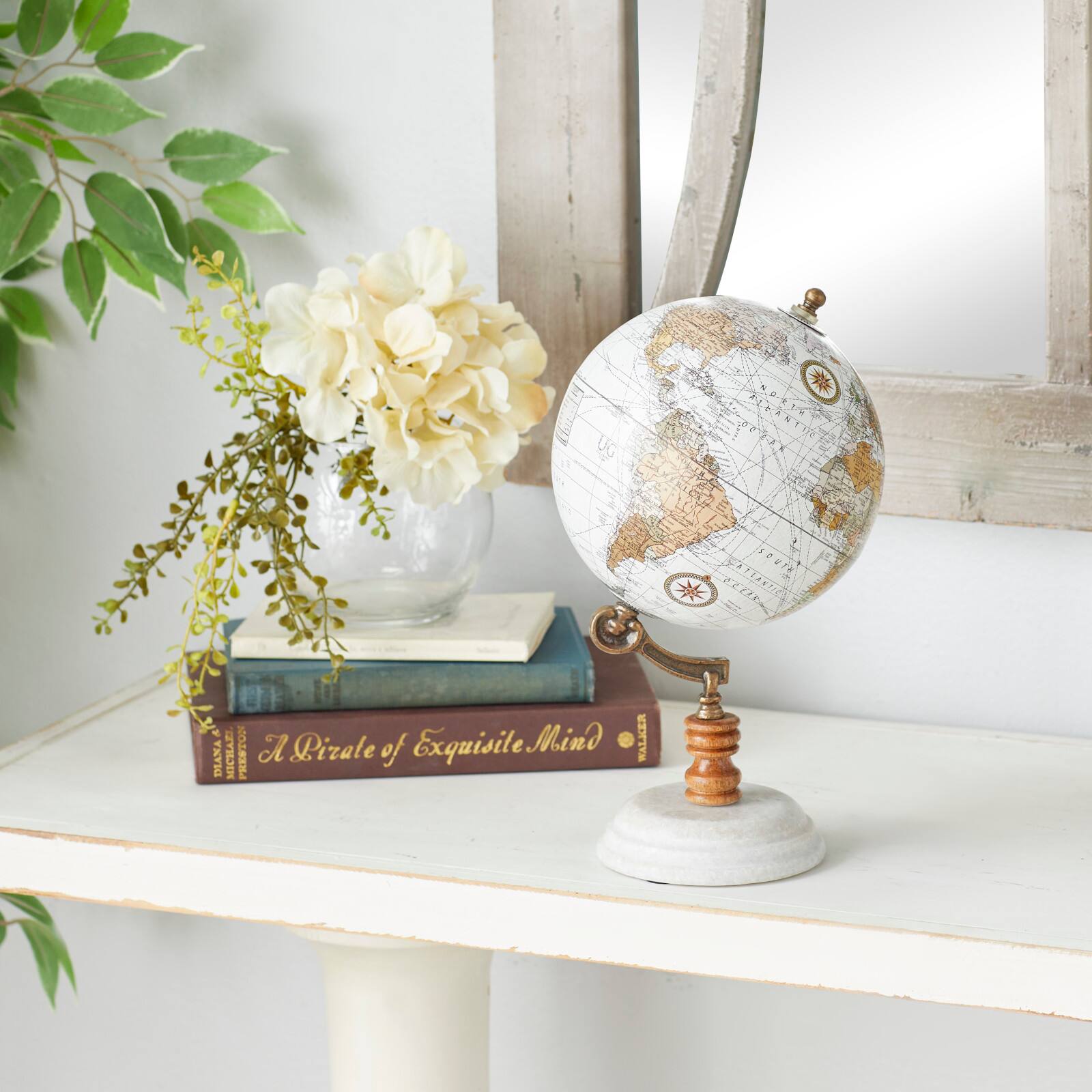 11&#x22; White Marble &#x26; Metal Contemporary Globe