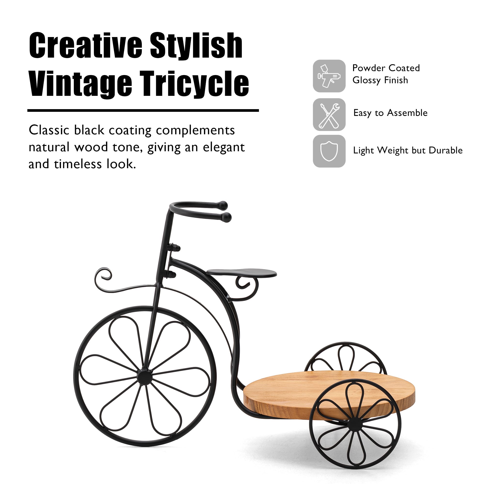 Glitzhome&#xAE; 18&#x22; Black Metal Tricycle Planter Stand with Solid Wood Tray