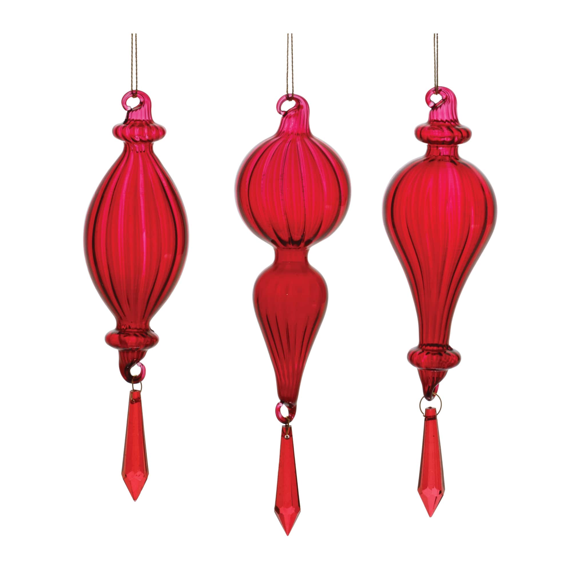 Red Ribbed Glass Drop Ornament with Jewel Set
