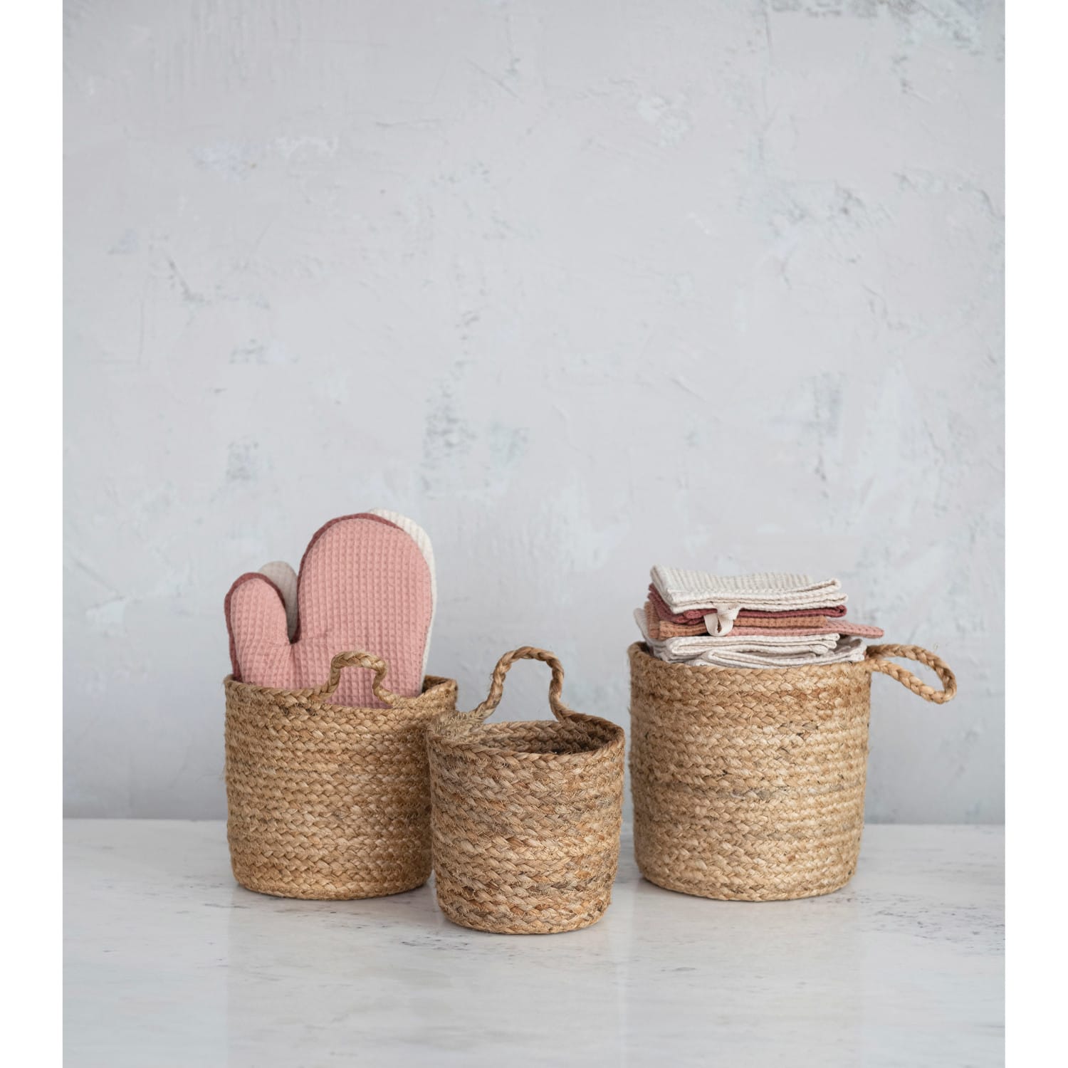 Natural Round Braided Jute Nesting Baskets with Handles Set