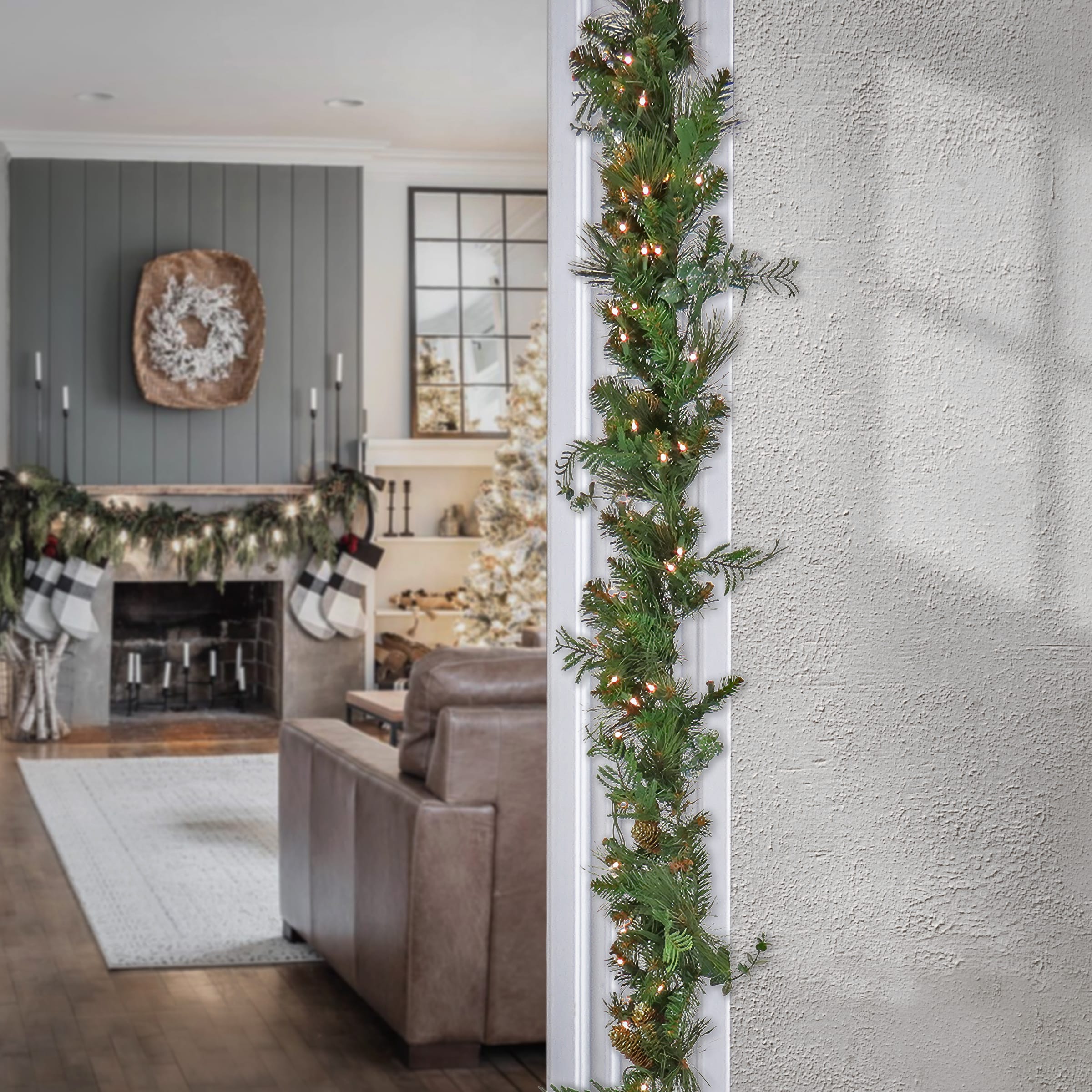 First Traditions™ Collection 9ft. Pre-Lit Artificial North Conway Garland with Glittery Cones & Eucalyptus, 100 Clear Lights