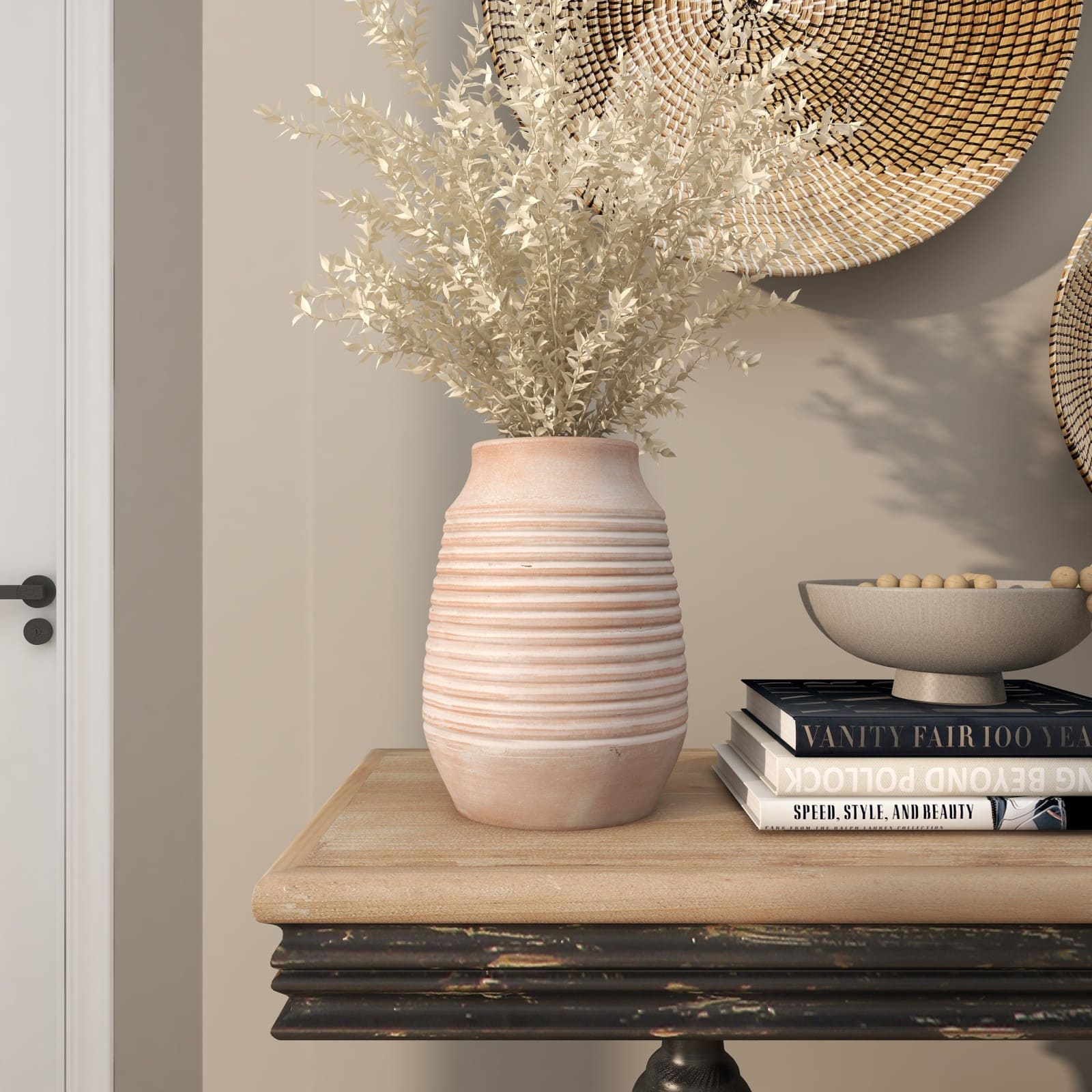 11" Pink Ceramic Whitewashed Ribbed Vase