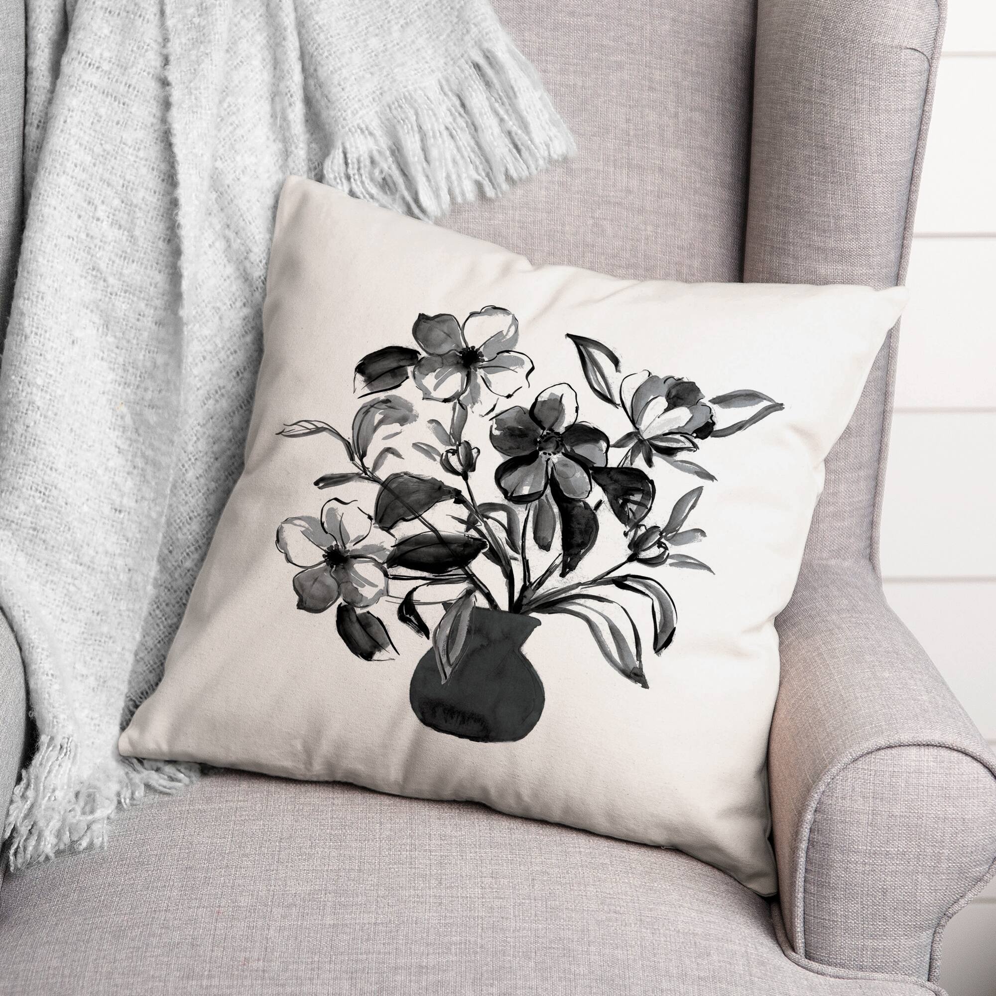 Monochromatic Floral I 18" x 18" Throw Pillow