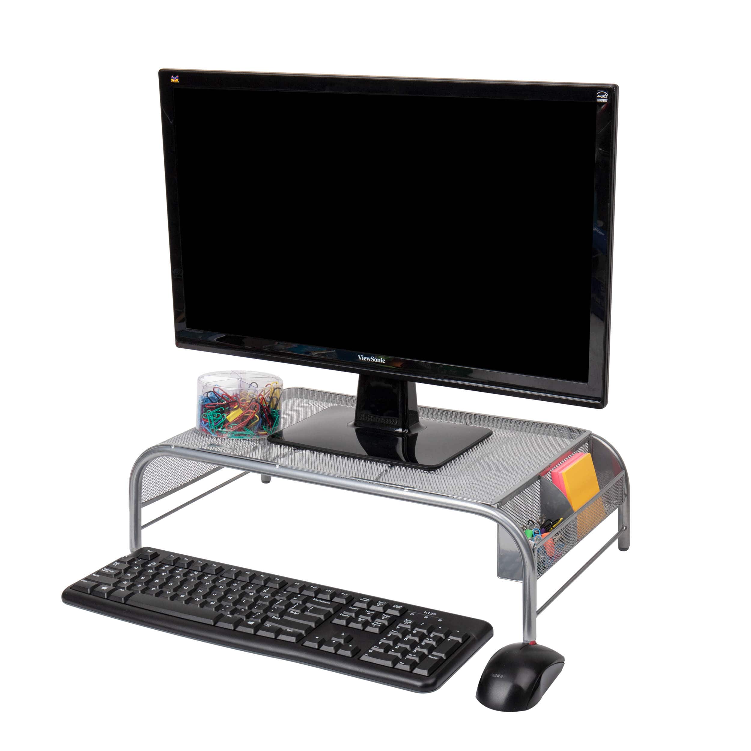 Mind Reader Silver Metal Mesh Monitor Stand with 2 Storage Compartments