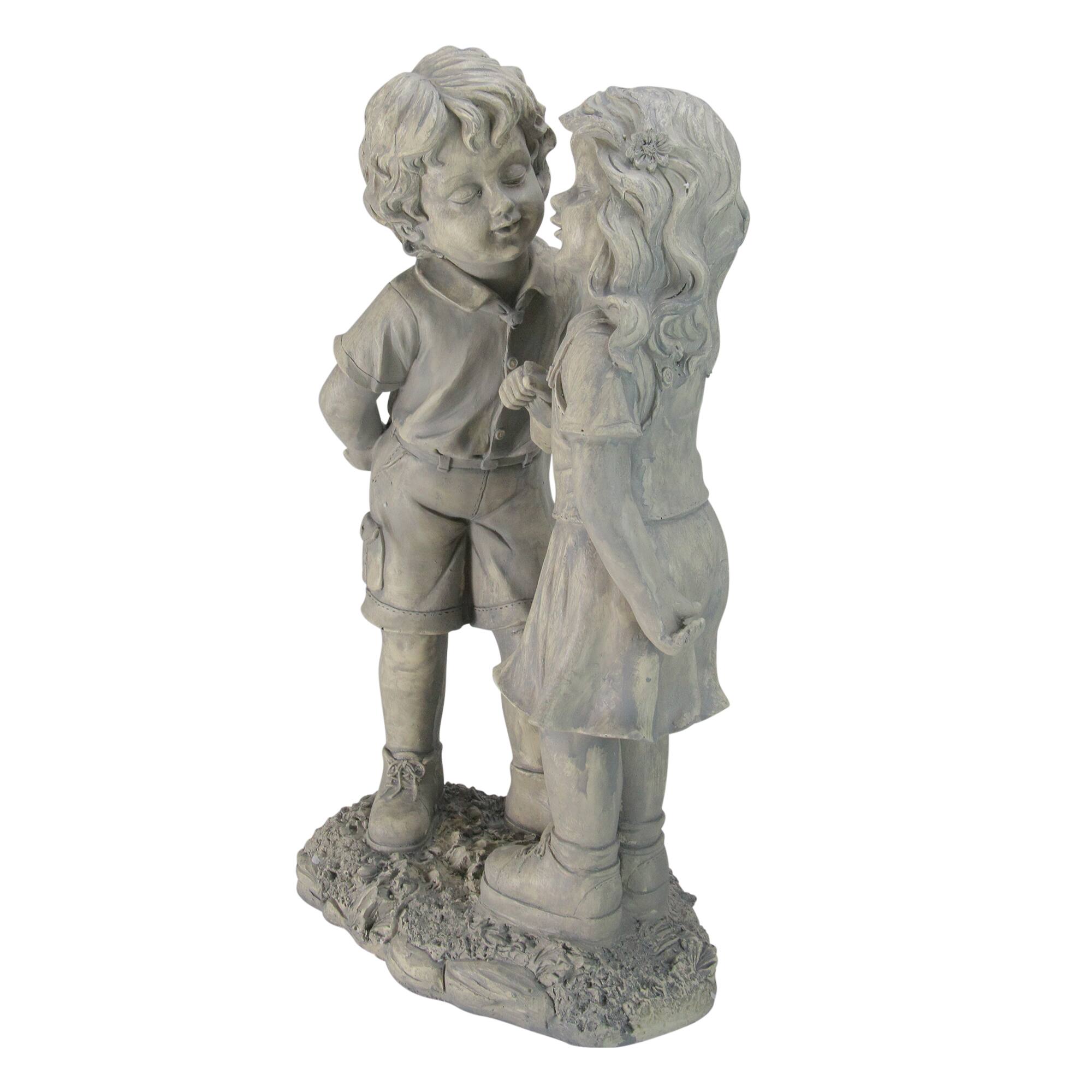 18.5&#x22; Weathered Gray Stone Boy &#x26; Girl First Kiss Outdoor Garden Statue