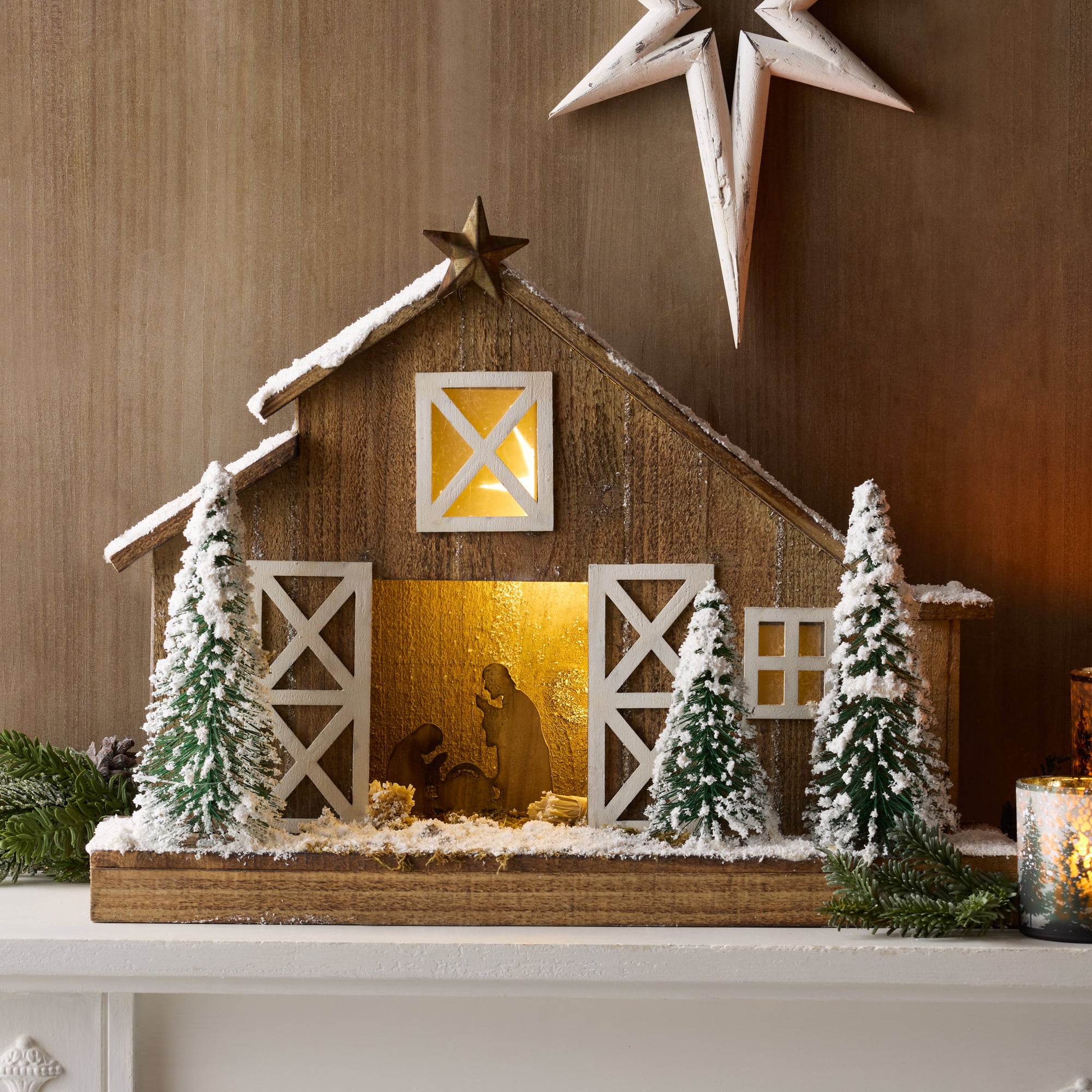 19.5&#x22; Brown LED Flocked Nativity Stable Display