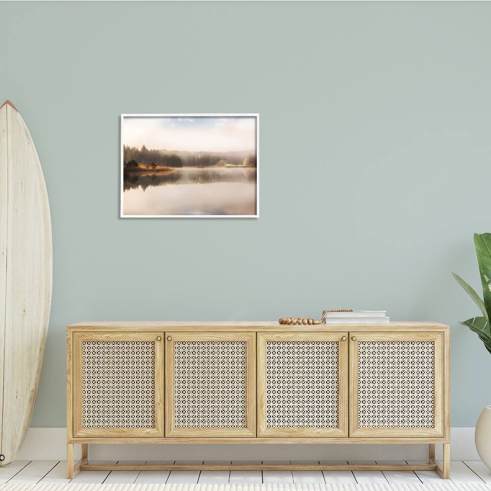 Stupell Industries Autumn Lake Misty Landscape Distant Pine Tree Forest Framed Giclee Art