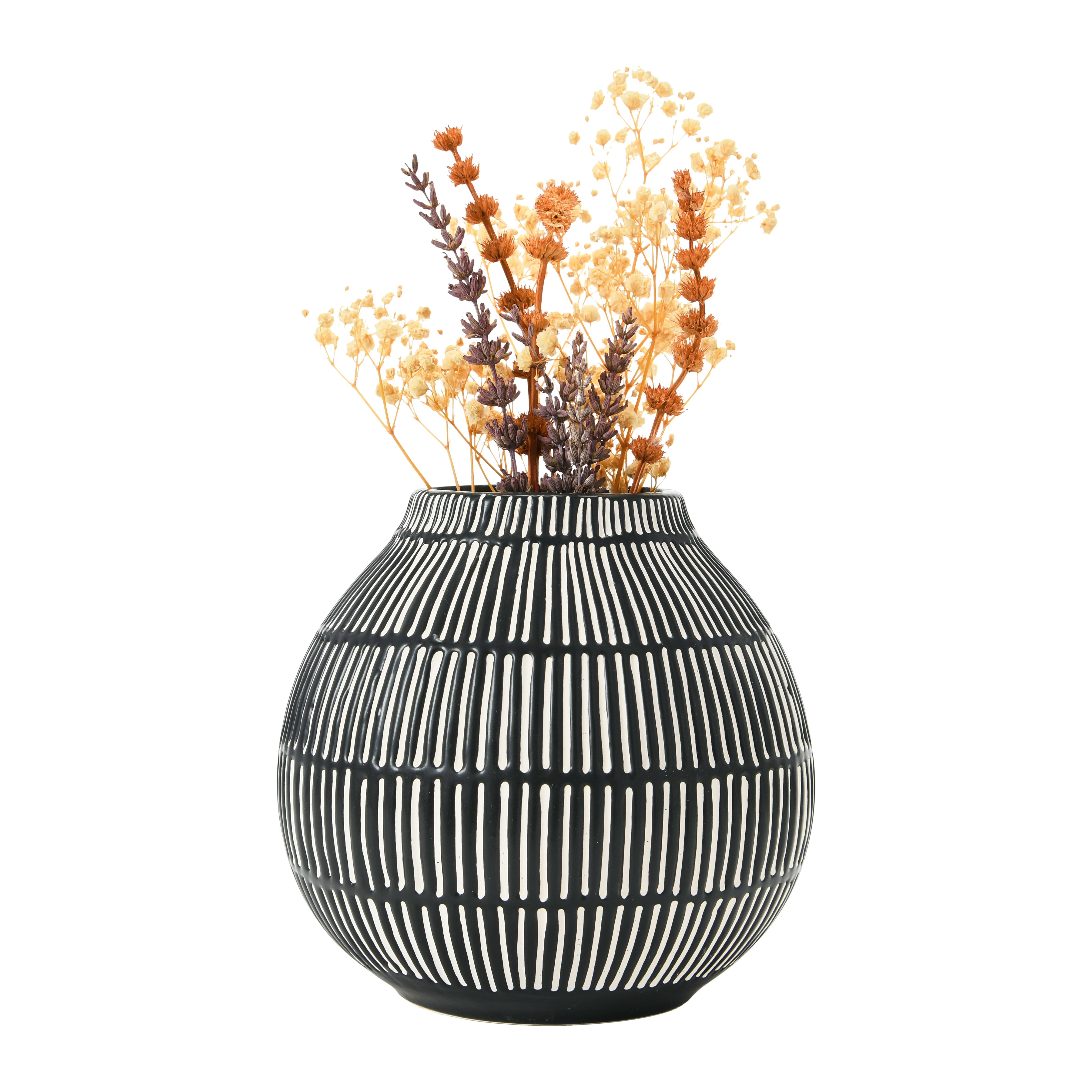 6&#x22; Black &#x26; White Debossed Stoneware Vase