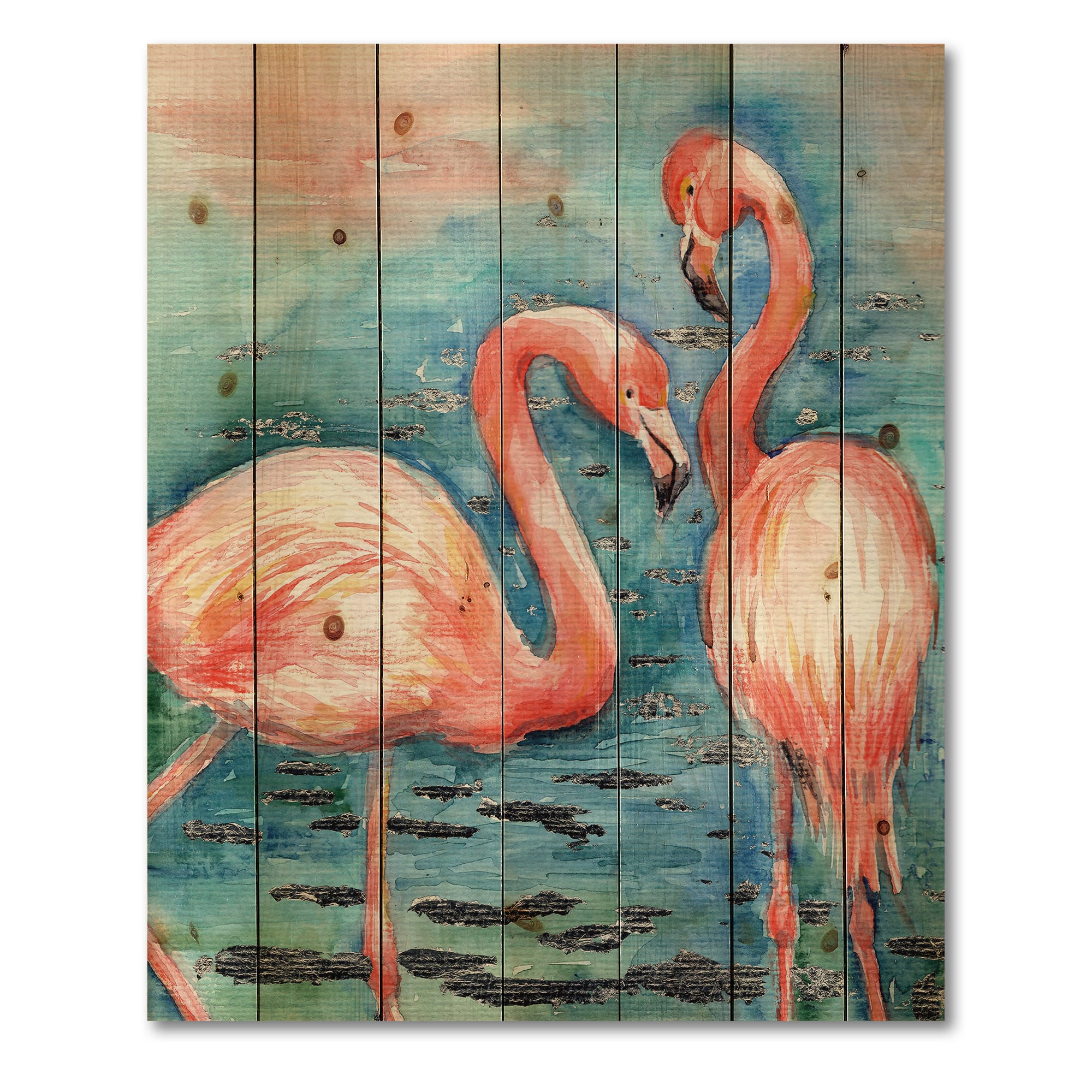 Designart - Pink Flamingos In Blue Water I - Farmhouse Print on Natural Pine Wood