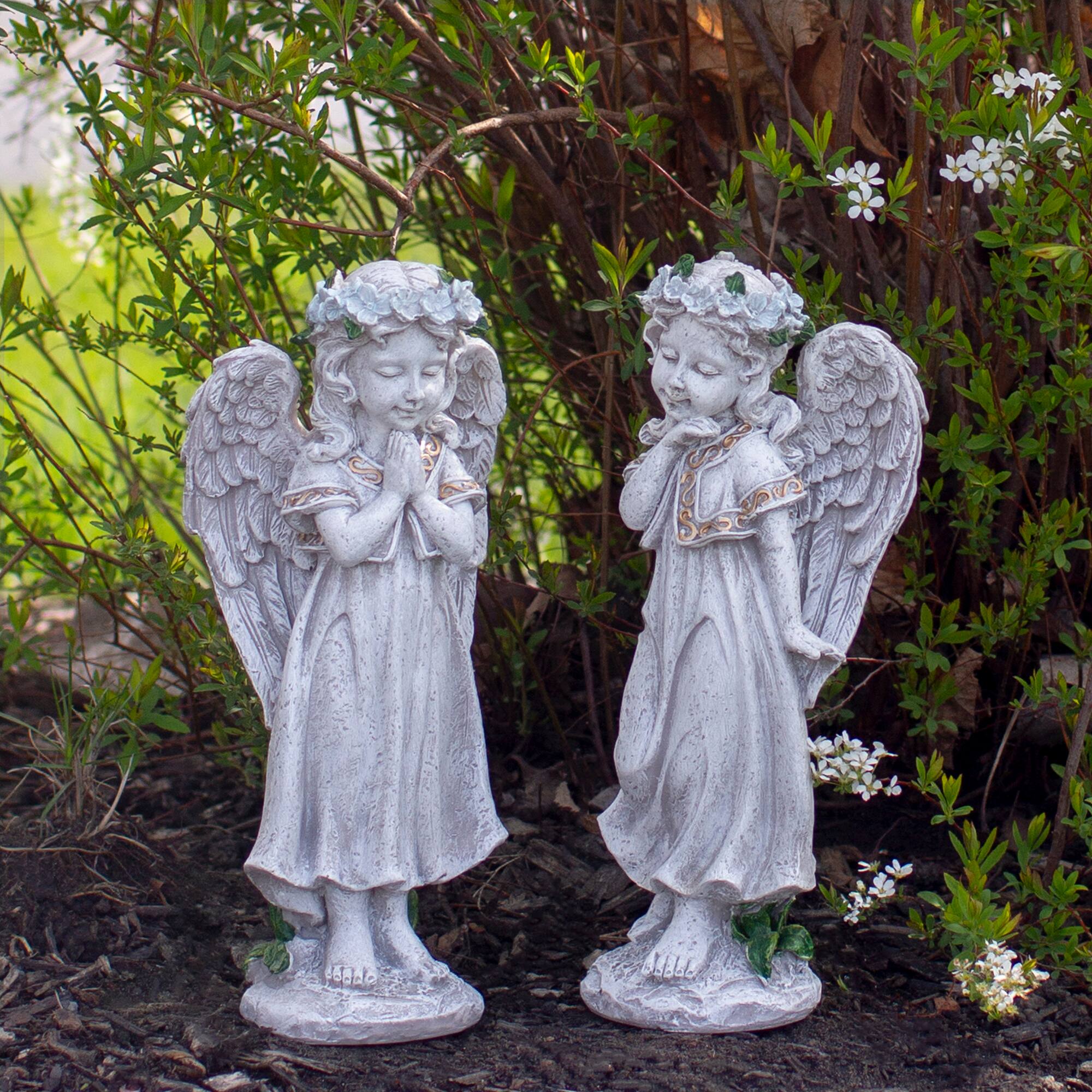 10" Gray Angel Girl with Floral Crown Garden Statue