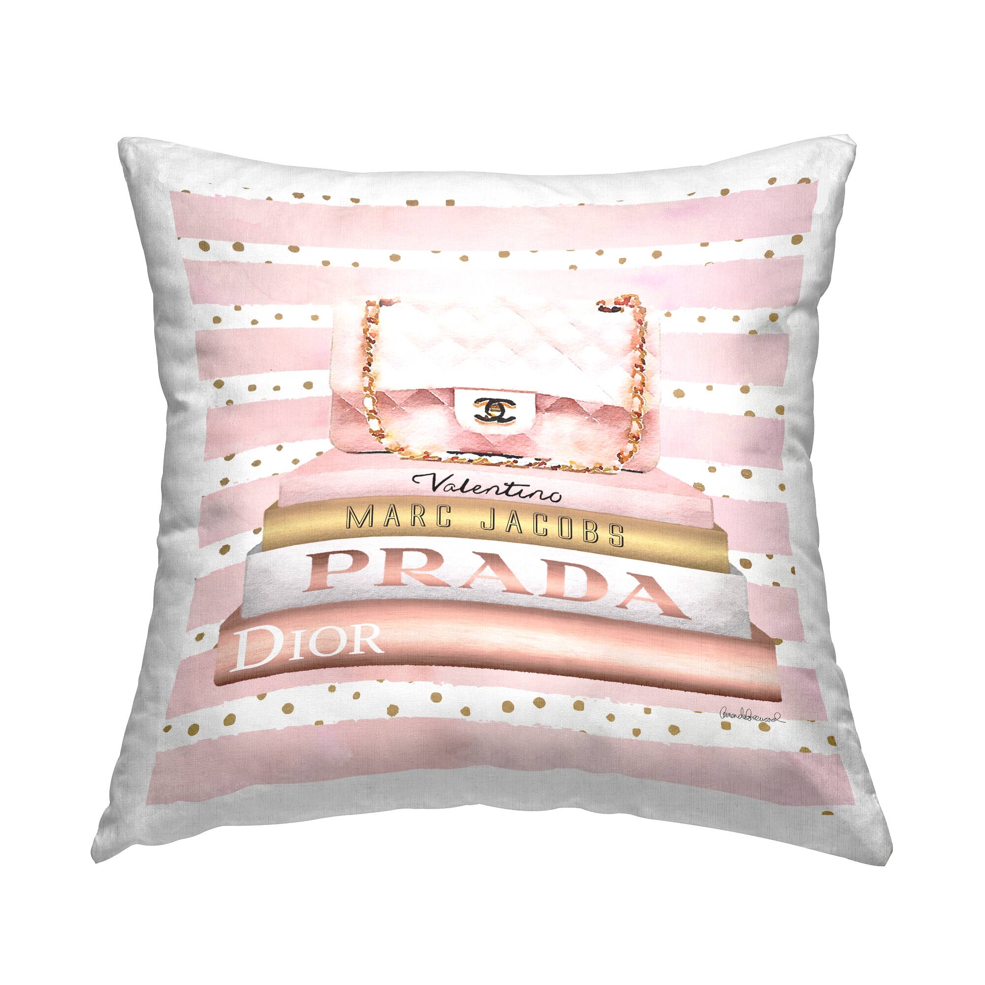 Stupell Industries Pink Designer Bag on Fashion Bookstack Striped Pattern Throw Pillow 18" x 18"