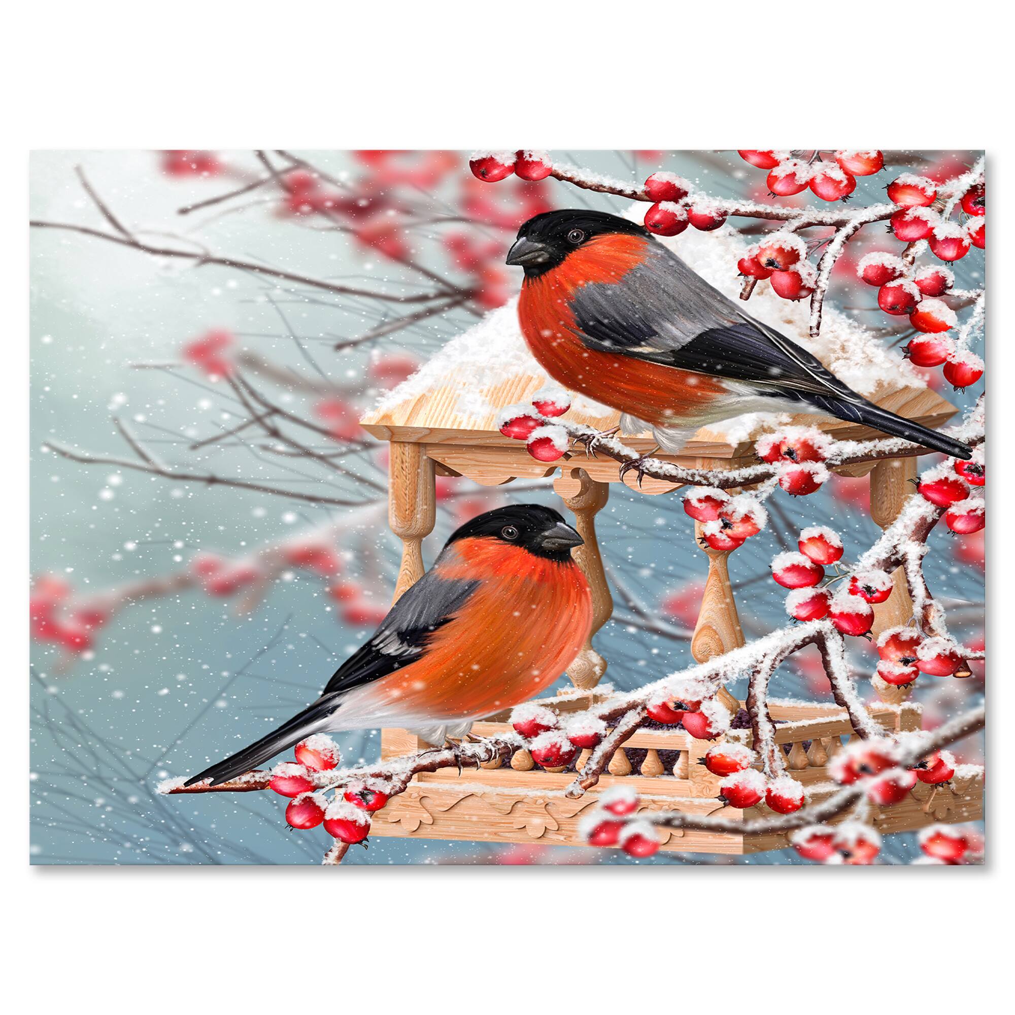 Designart - Two Chickadee Sit On A Snow-Covered Branch - Traditional Canvas Wall Art Print