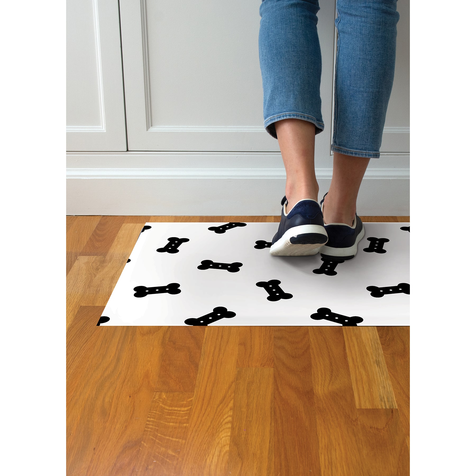 FloorPops Bones Black &#x26; White Washable Felt Floor Mat, 18&#x22; x 30&#x22;