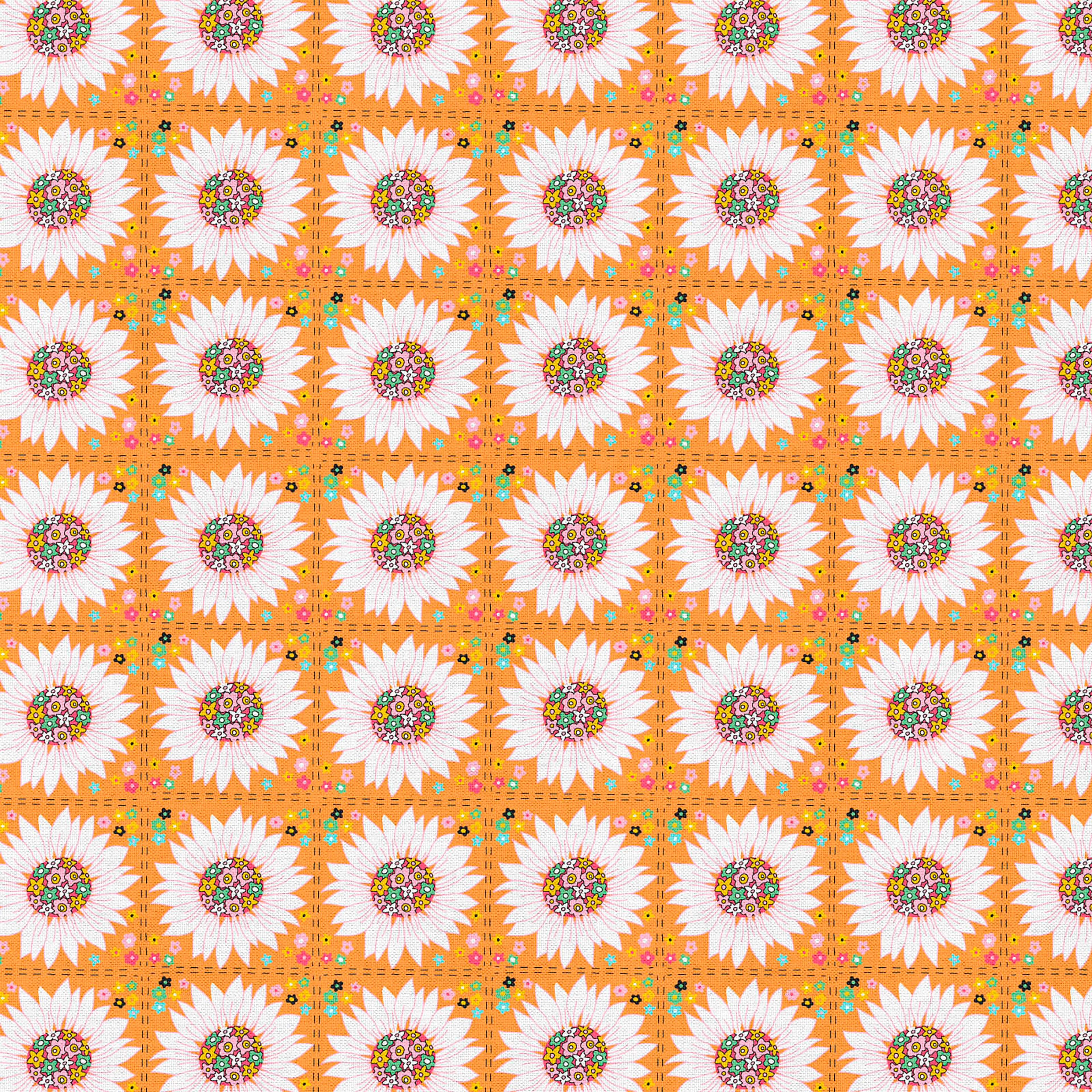Fabric Editions Orange Retro Daisy Cotton Fabric