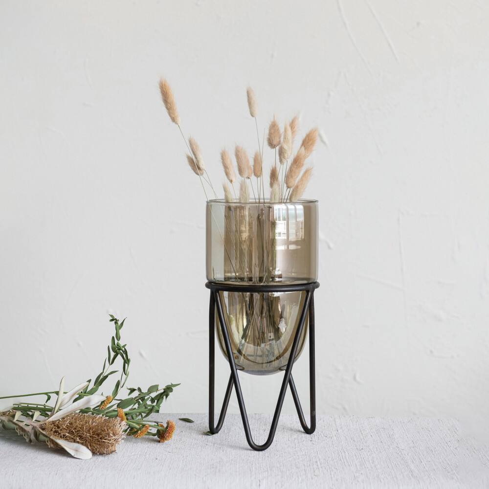 Hello Honey&#xAE; Brown &#x26; Black Glass Pillar Candle Holder With Metal Stand