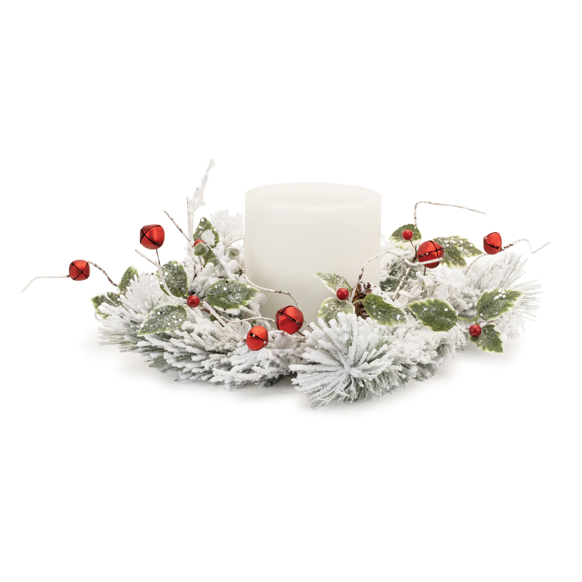 18&#x22; Flocked Pine, Holly Leaf &#x26; Sleigh Bell Candle Ring