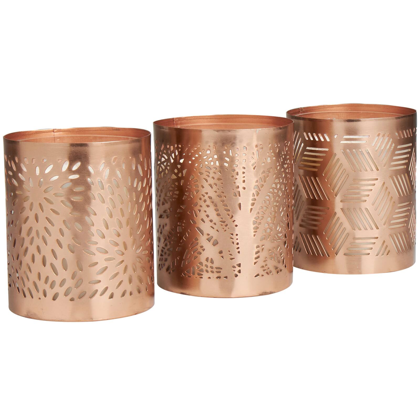 White Wax Campfire Scented Candle with Geometric Copper Containers, 3ct.