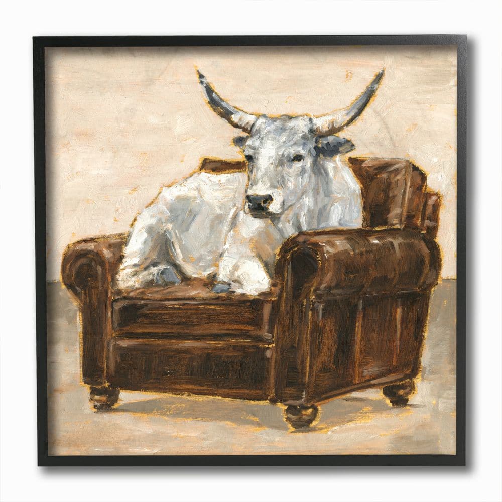 Stupell Industries White Bull Resting in Brown Chair Abstract Painting,12" x 12"