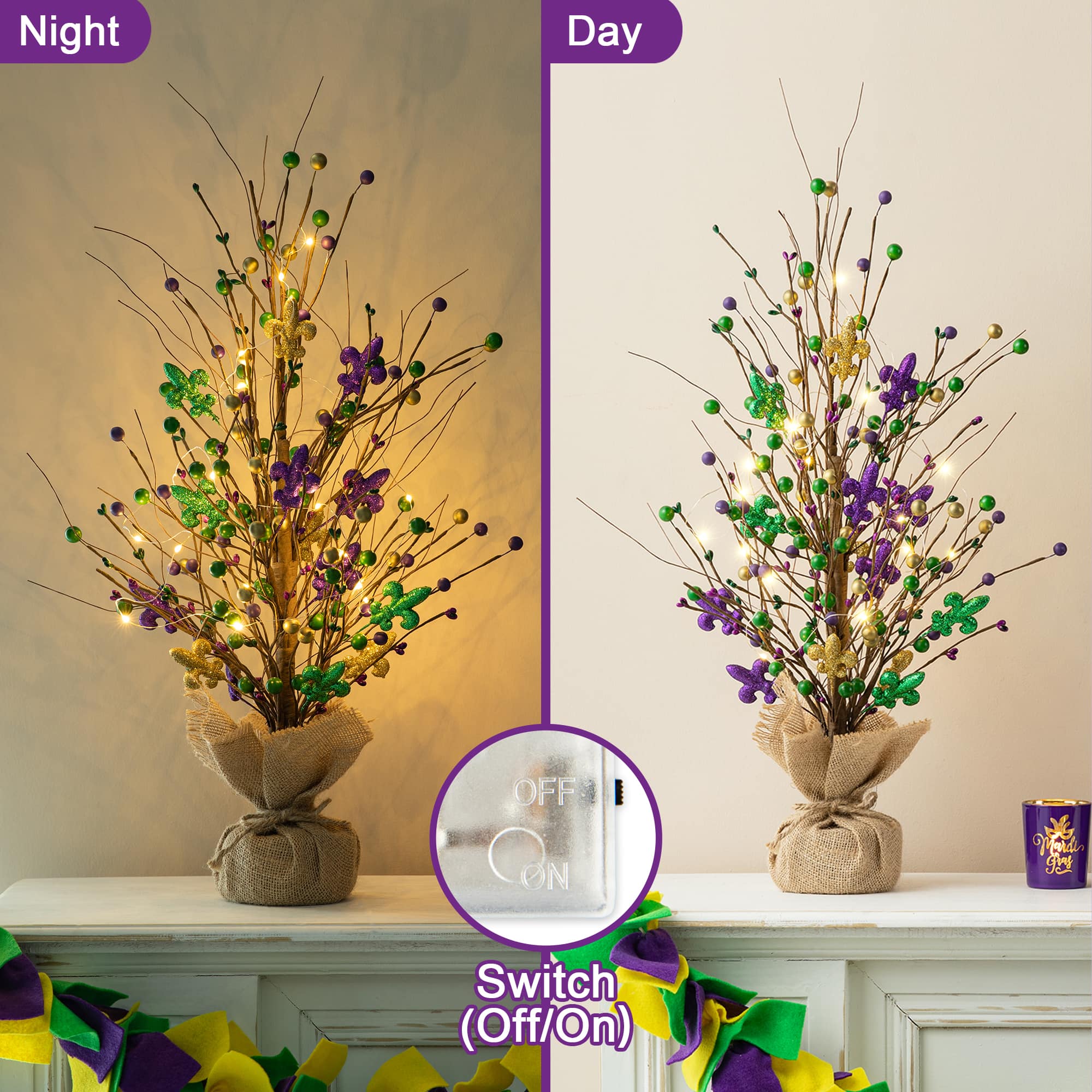 Glitzhome&#xAE; 21&#x22; Lighted Mardi Gras Fleur-de-Lis &#x26; Berry Table Tree