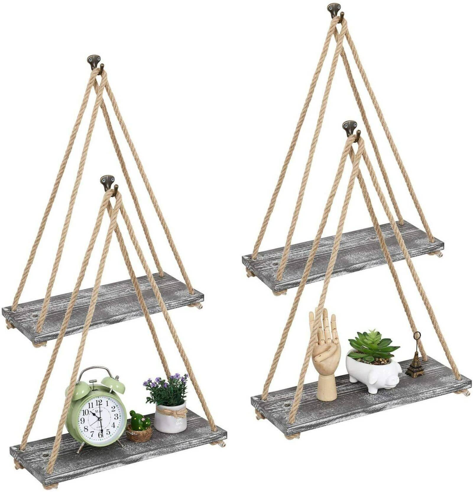 NEX&#x2122; 16&#x22; Gray Whitewash Hanging Rope Wood Wall Shelves, 4ct.